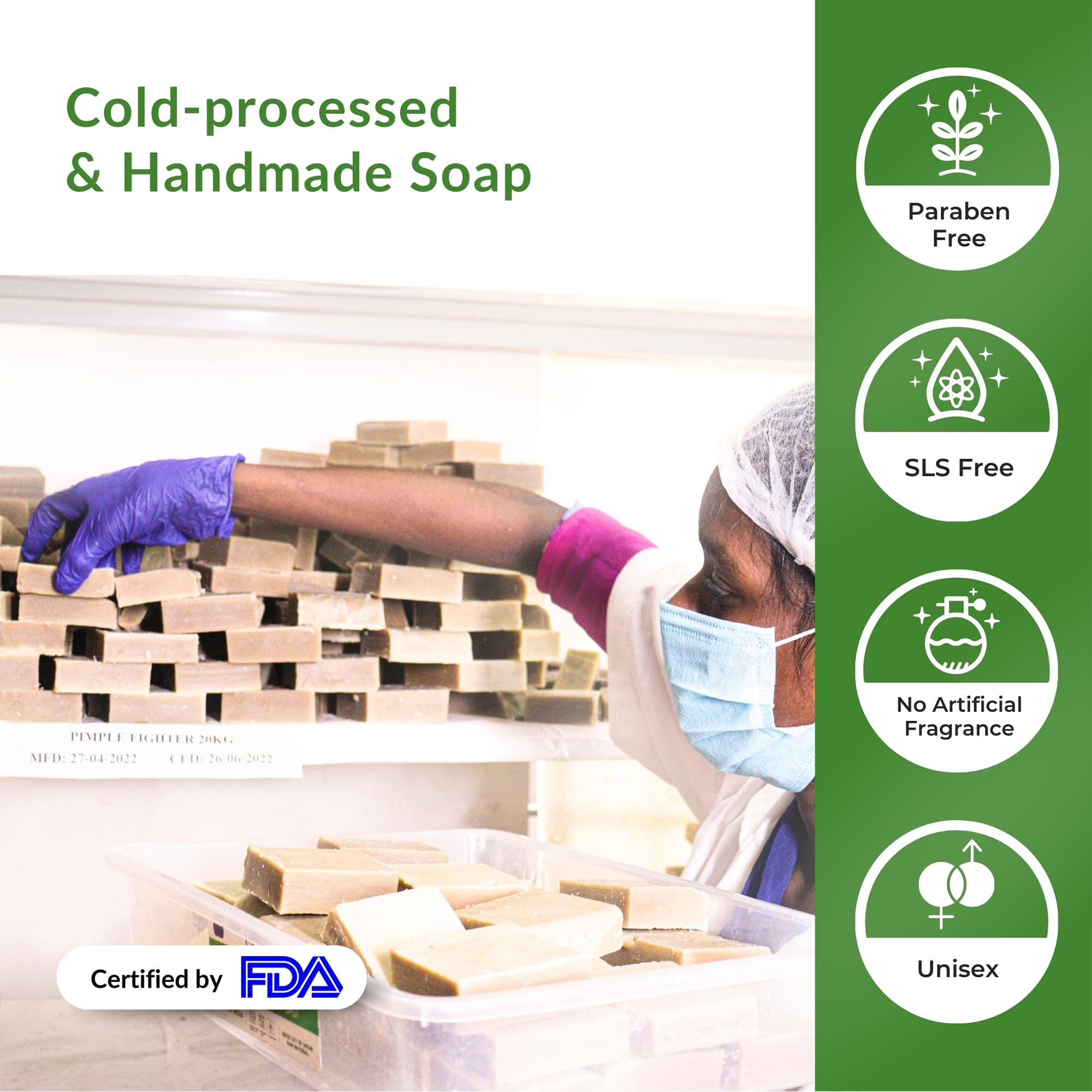 Grewaa Pimple Fighter Soap - 100% Natural Acne Treatment for Face & Body with Basil, Neem & Tea Tree Oil | Clears Oily Skin, Reduces Back Acne & Bumps on Buttocks & Arms | Gentle Daily Cleanser for Teens & Adults (75g) | Perfect for Shower, Gym & Post-Workout Skincare Routine