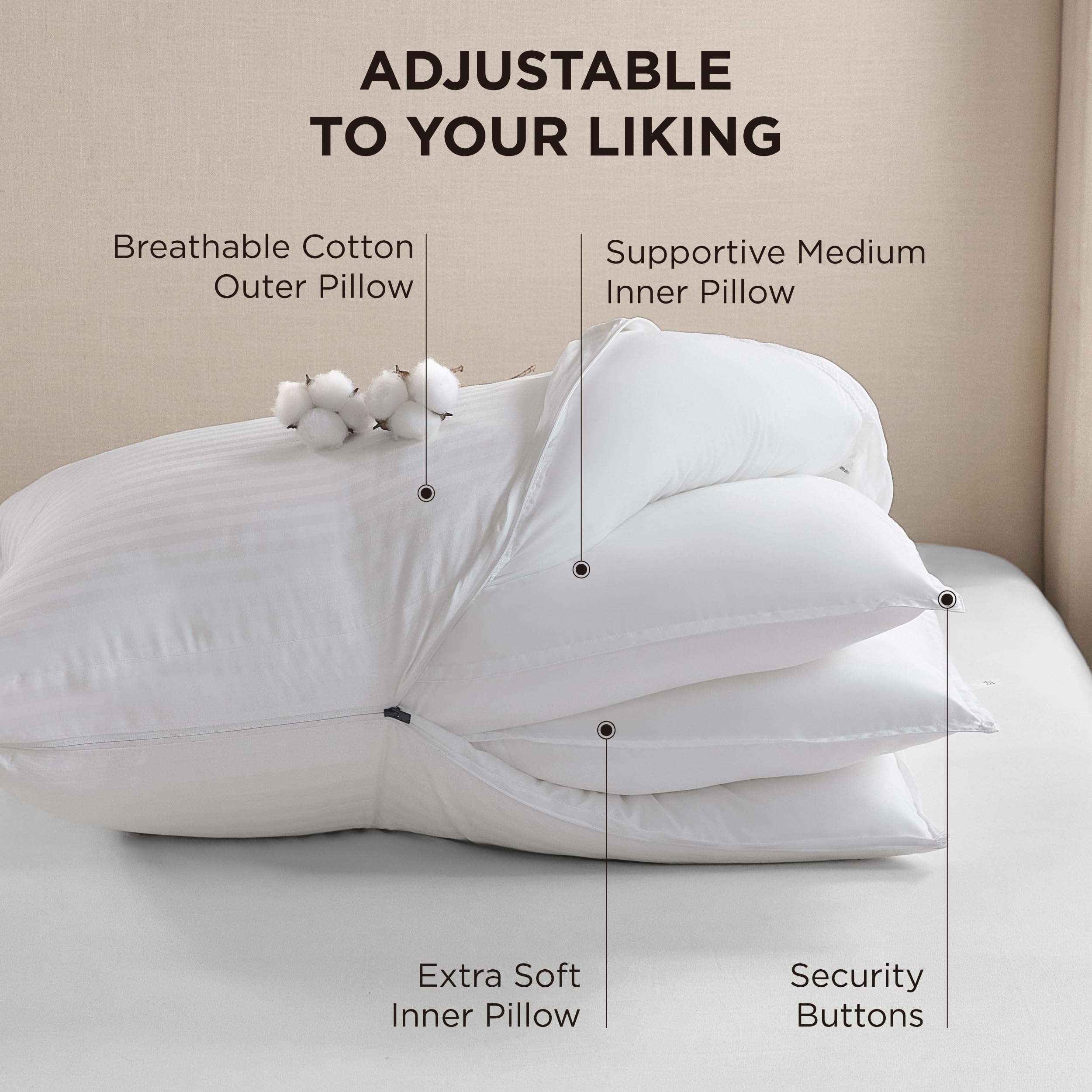 Bedsure Fluffy Adjustable Layer Bed Pillows for Sleeping Queen Size, Set of 2 - Soft & Firm Luxury Queen Pillows 2 Pack with 4 Adjustable Layers for Back, Side, Stomach Sleepers (19