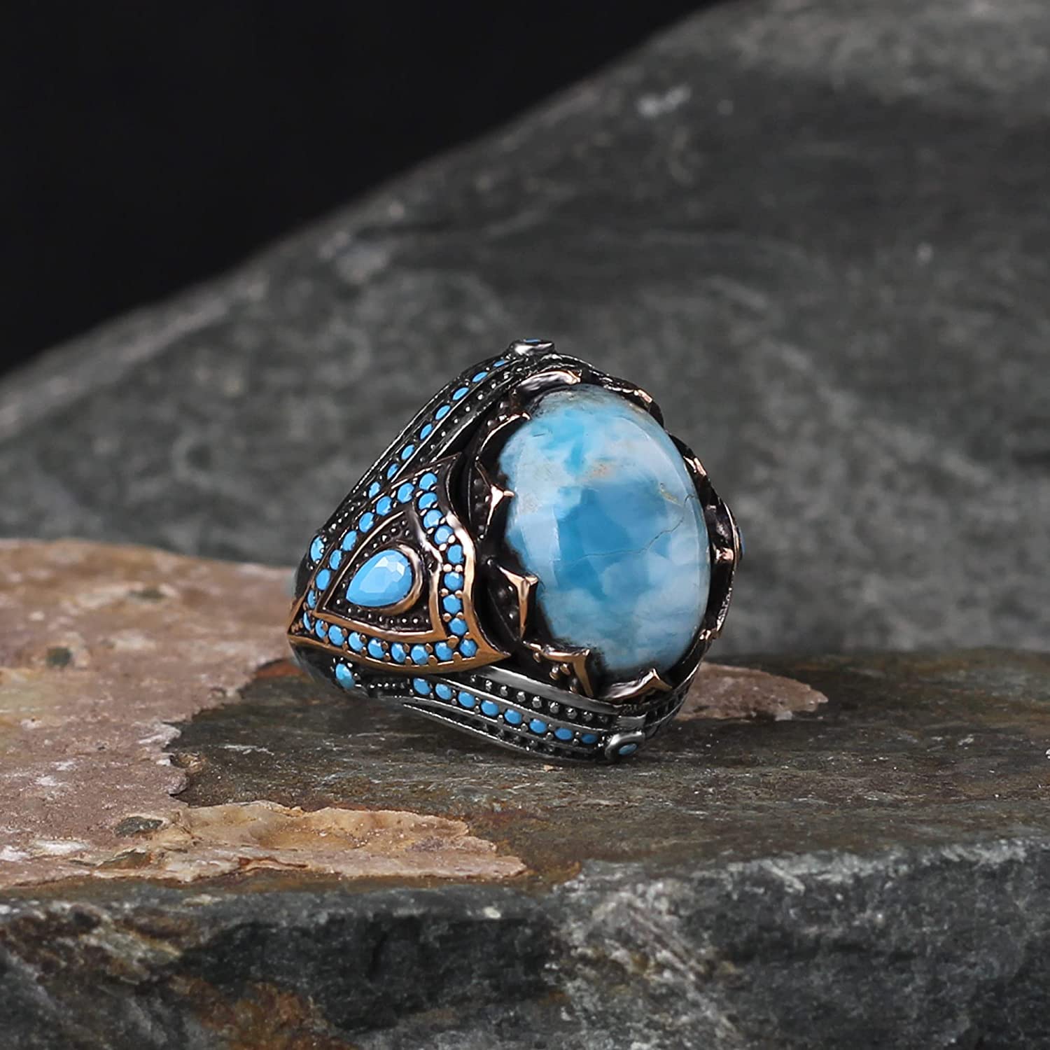 925 Sterling Silver Larimar Gemstone Ring for Men - Handmade Blue Larimar Jewelry - Unique Boyfriend Gift for Anniversary, Birthday & Special Occasions