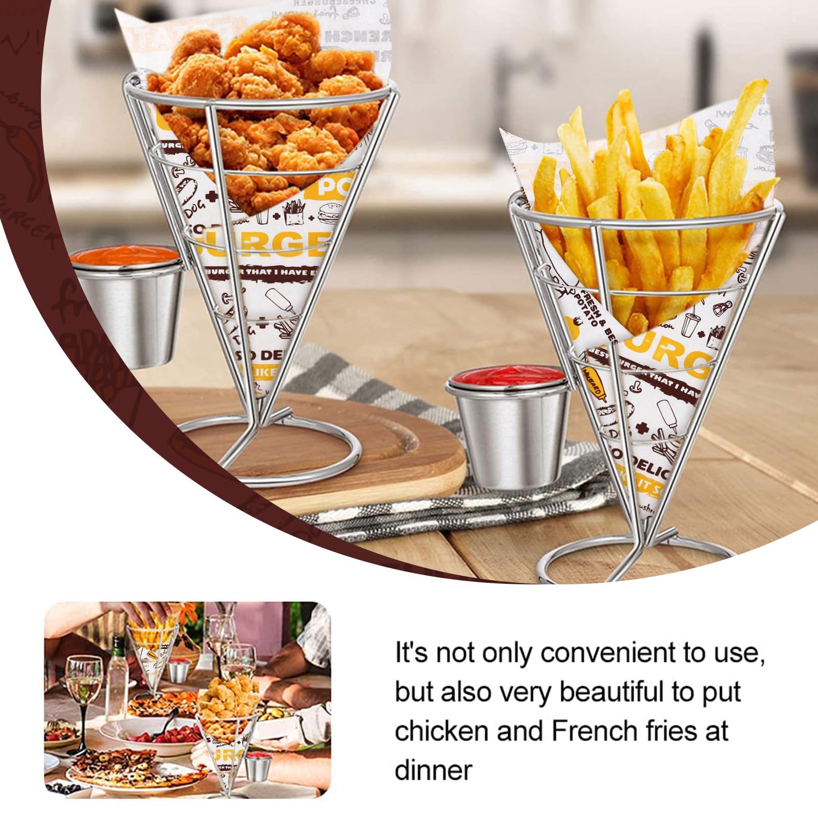 CNQLIS 4-Piece French Fry Holder Set - Stainless Steel Wire Baskets with Sauce Cups & 200 Colorful Deli Grease Papers - Perfect for Restaurants, Food Trucks, and Home Kitchen Use
