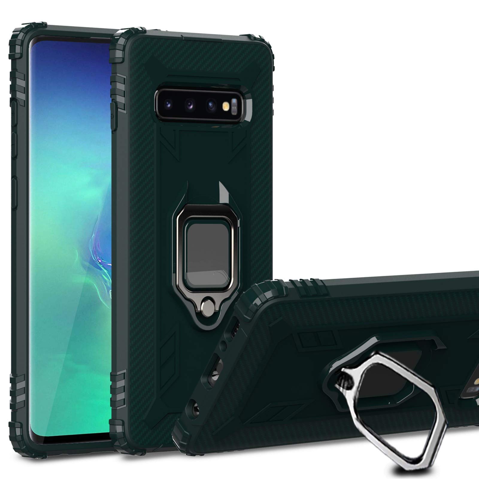 ShunJieTech 360° Rotating Ring Holder Kickstand Case for Samsung Galaxy S10 (6.1 Inch) - Shockproof, Scratch-Resistant Protective Cover with Magnetic Car Mount Compatibility - Dark Green | Perfect for Work, Travel & Hands-Free Viewing
