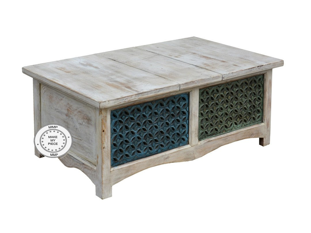Hand Carved Indian Solid Wood Jali Chest Box with Side Table - Whitewashed Storage for Jewelry, Blankets & Home Decor - Perfect for Bedroom, Living Room & Boho Style Decor