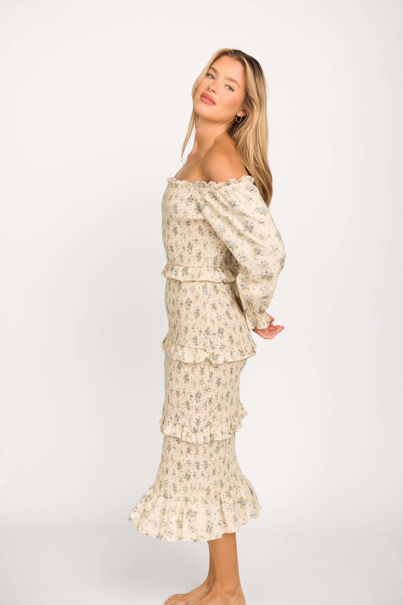 Lila Floral Printed Smocked Midi Dress in Blue - Bump Friendly Maternity Dress for Pregnancy, Nursing & Postpartum - Perfect for Baby Showers, Brunch Dates & Summer Weddings