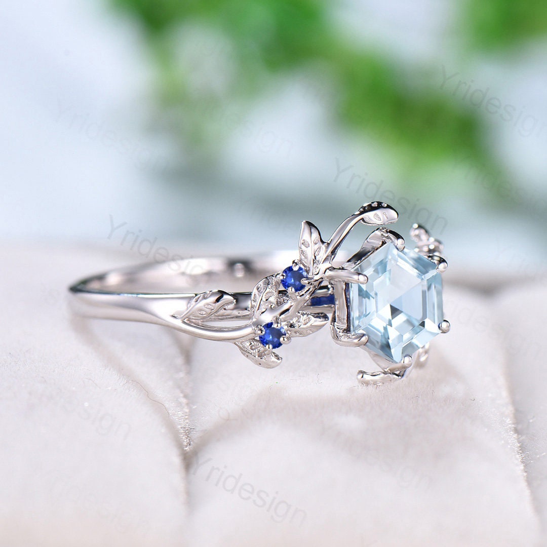 Natural Aquamarine and Blue Sapphire Vintage Leaf Engagement Ring for Women - 14K White Gold Unique Cluster Wedding Band - Perfect for Bridal, Anniversary, and Special Occasion Gifts