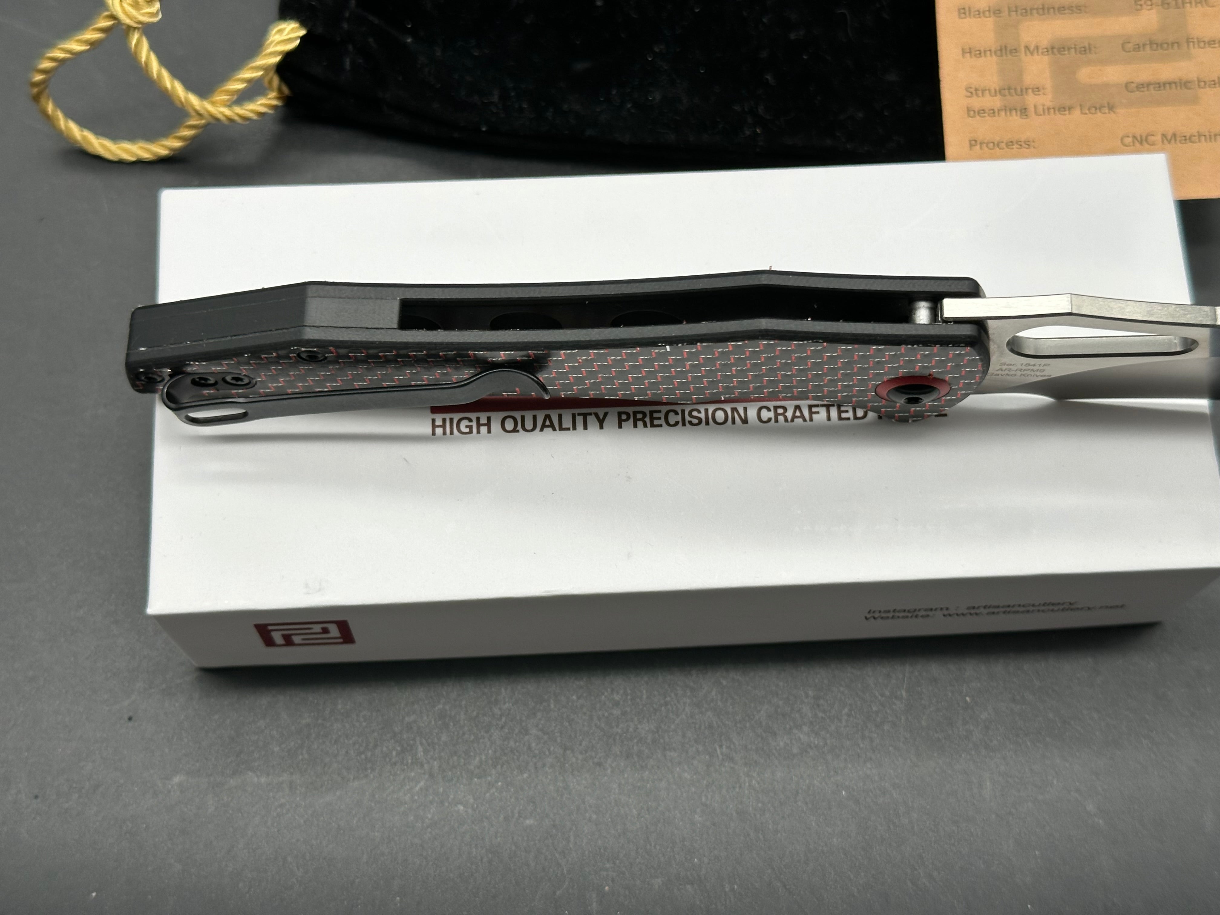 ARTISAN CUTLERY GREAT WHITE Folding Knife - Black & Red Carbon Fiber Handle, EDC Pocket Knife for Outdoor Camping, Hiking & Everyday Carry