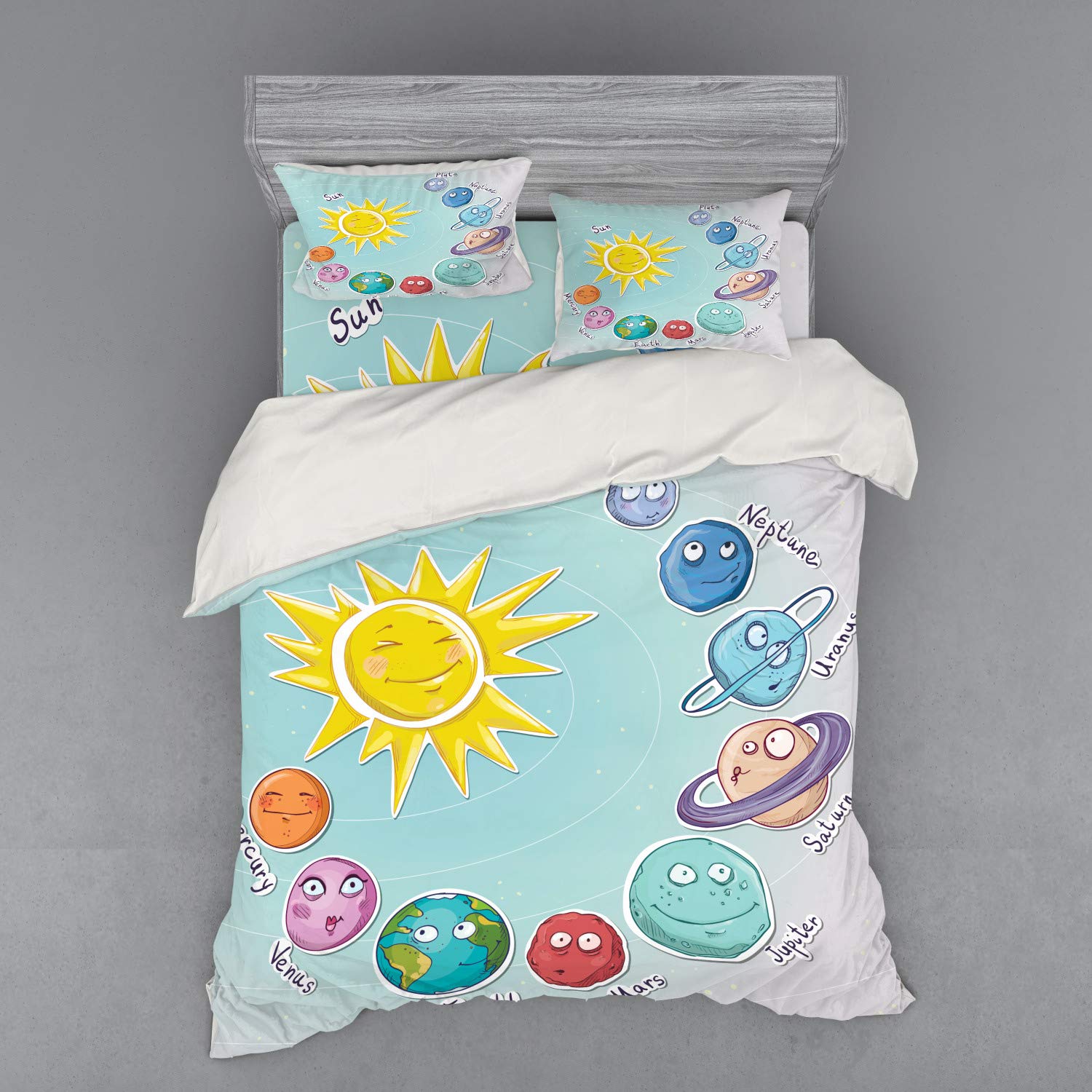 Ambesonne Space Themed Bedding Set - 3 Piece Queen Size Duvet Cover with Sham & Fitted Sheet, Solar System Planets & Celestial Chart Design, Multicolor - Perfect for Kids' Rooms, Astronomy Lovers & Themed Bedrooms