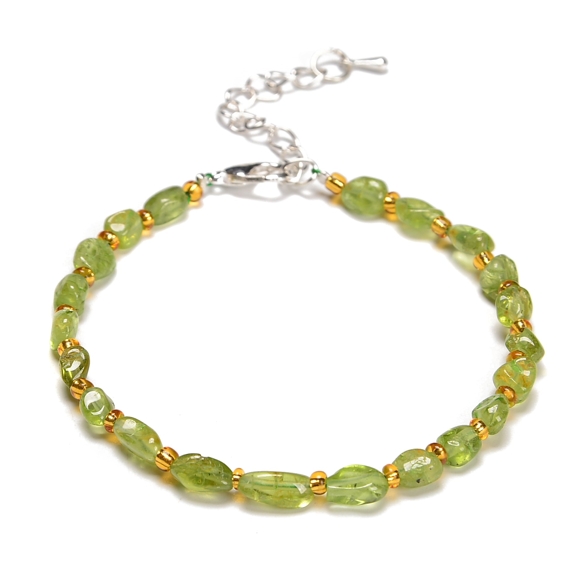 Peridot Nugget Beaded Bracelet - Silver Plated Clasp, 3.5mm Beads, 7.5 Inch Adjustable Length - Elegant Green Gemstone Jewelry for Women, Perfect for Everyday Wear, Gifts & Special Occasions