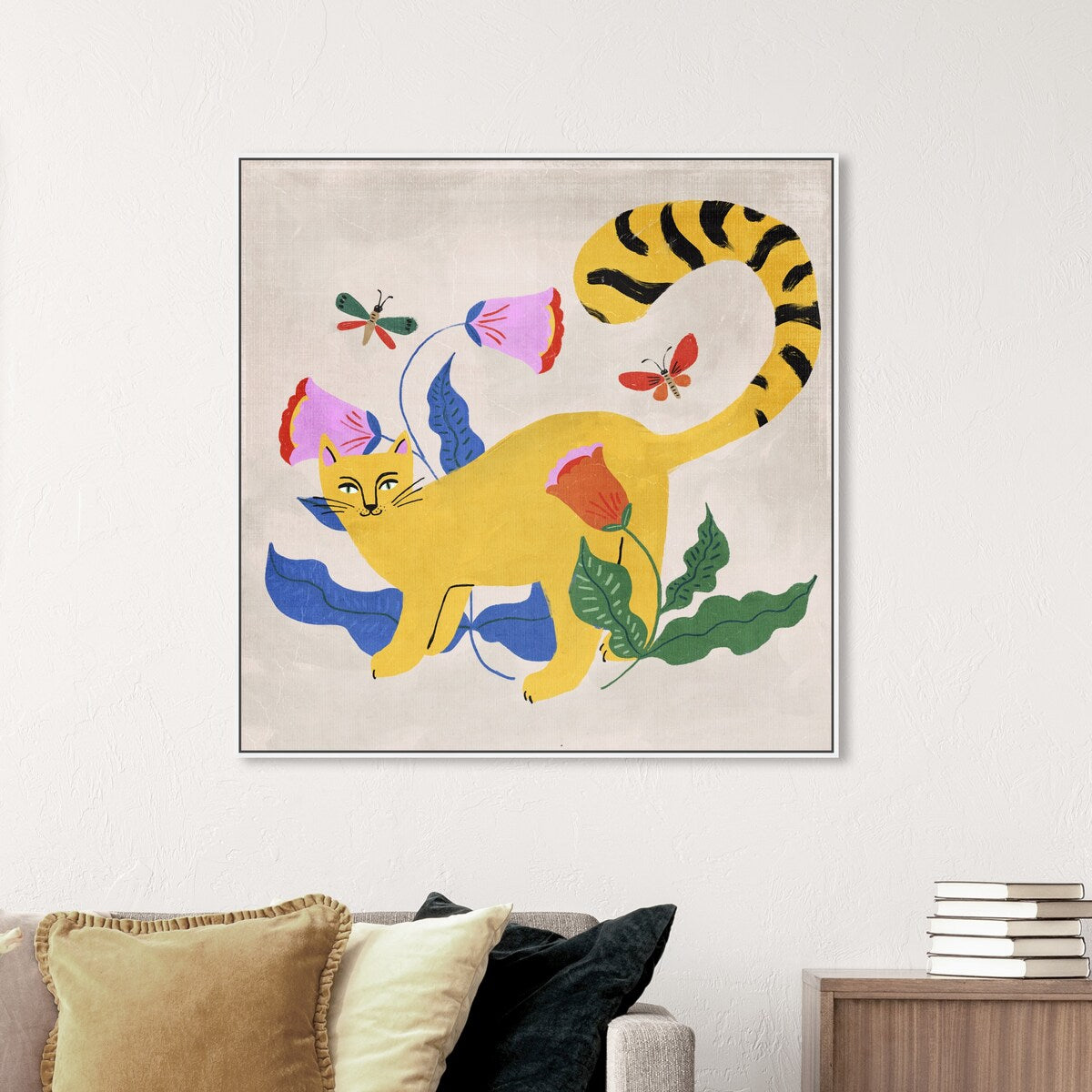 Blonde Tabby Floral Kitten Butterfly Garden Modern Yellow Framed Canvas Wall Art Print - Perfect for Bedroom, Living Room & Nursery Decor