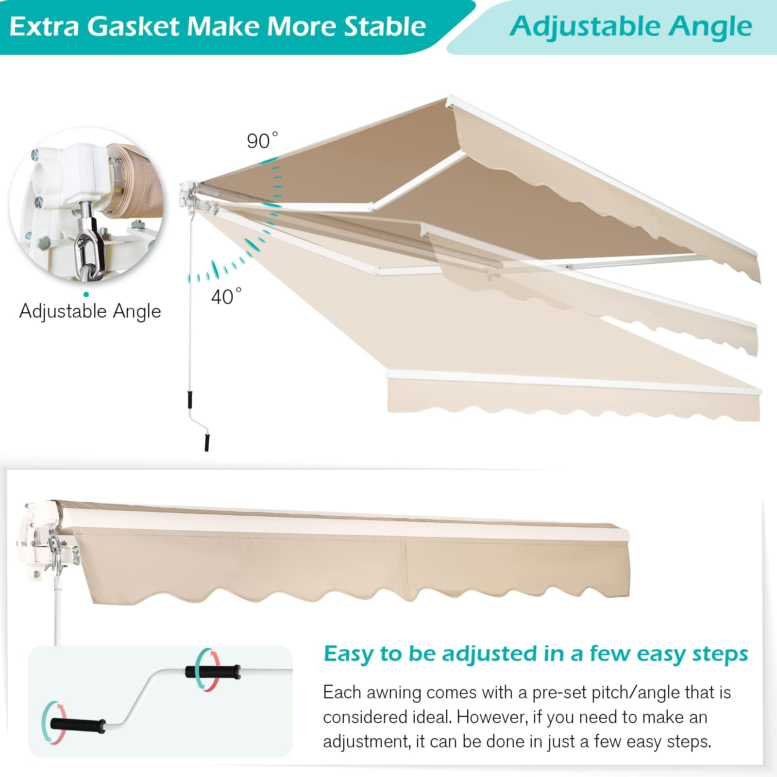 AECOJOY 13'×10' Retractable Patio Awning - Beige Sun Shade Canopy with Manual Crank Handle for Deck, Porch & Outdoor Living Spaces | Perfect for Backyard BBQs, Poolside Lounging & Sun Protection