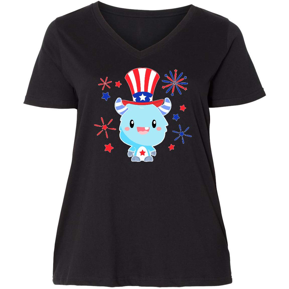 Inktastic 4th of July Cute Monster Patriotic Blue and Red Women's Plus Size V-Neck T-Shirt - Perfect for Independence Day Celebrations, BBQ Parties & Summer Casual Wear