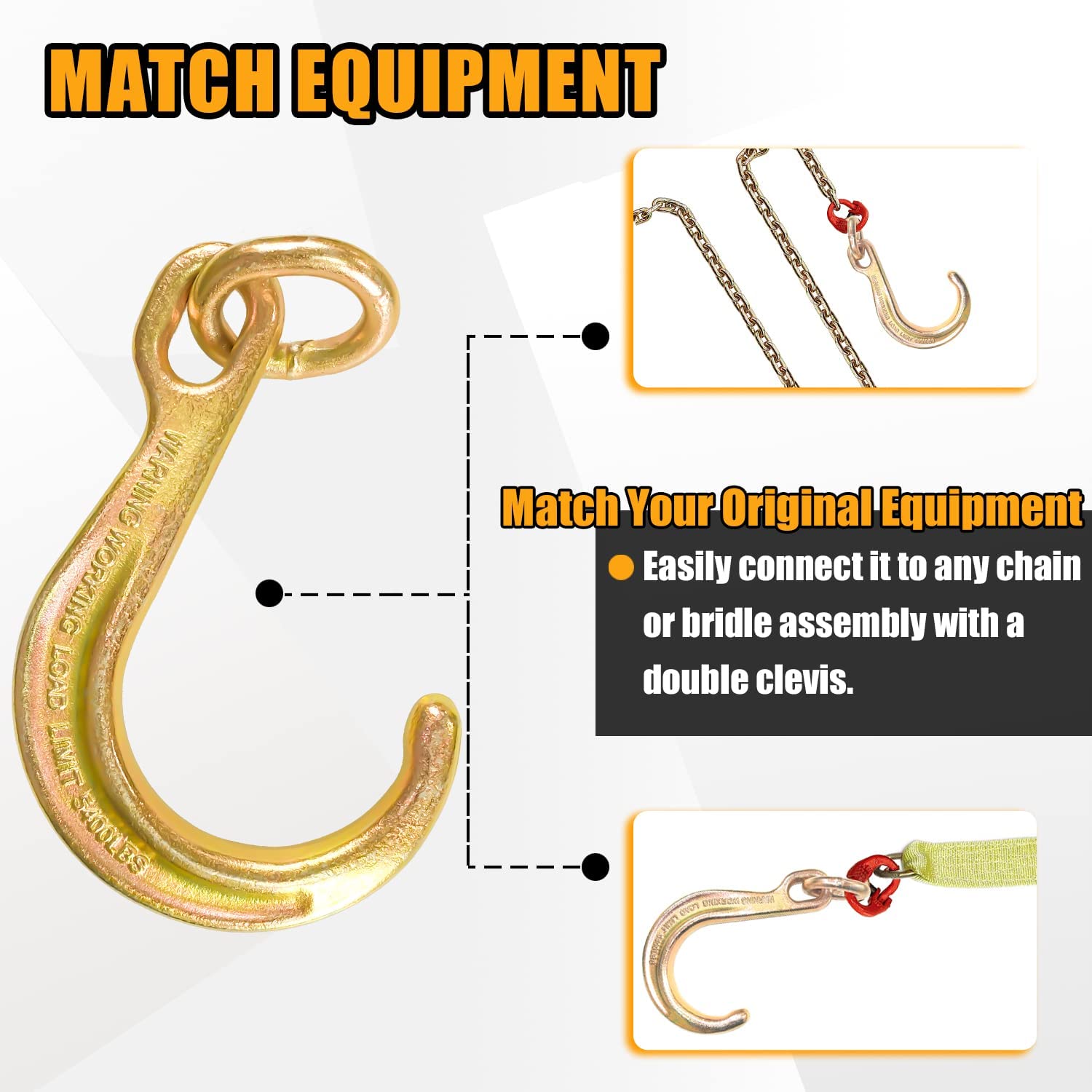 2 Pack 8 Inch Heavy Duty J Hook Tow Hooks with Coupling Links - Yellow Zinc Plated G70 Steel Clevis for Tractor, Truck & Trailer - Perfect for Towing, Recovery & Off-Road Use