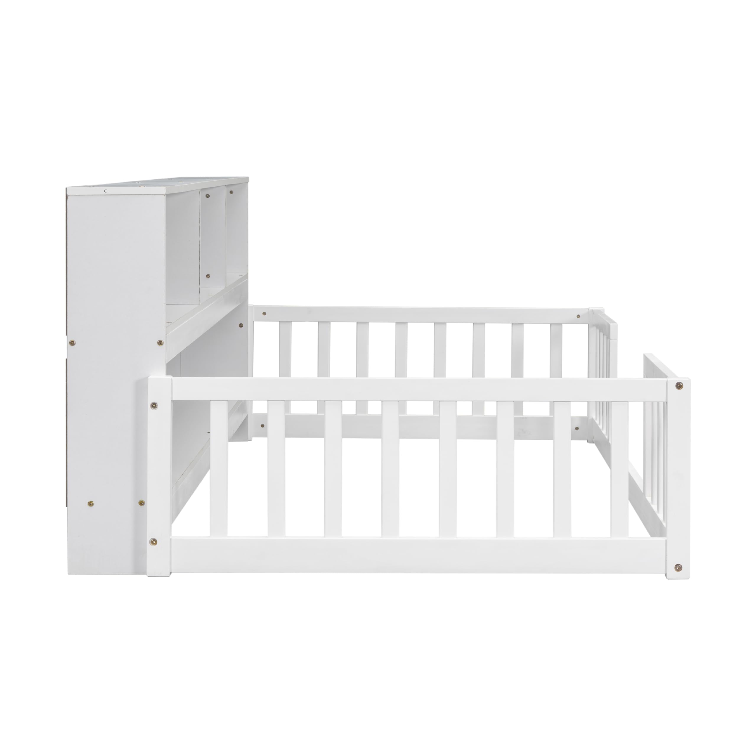 Bellemave Montessori Floor Bed for Kids - Twin Size with Bookcase & Shelves - Sturdy Wooden Bed Frame for Boys & Girls - White - Perfect for Montessori Bedrooms, Playrooms & Cozy Reading Nooks