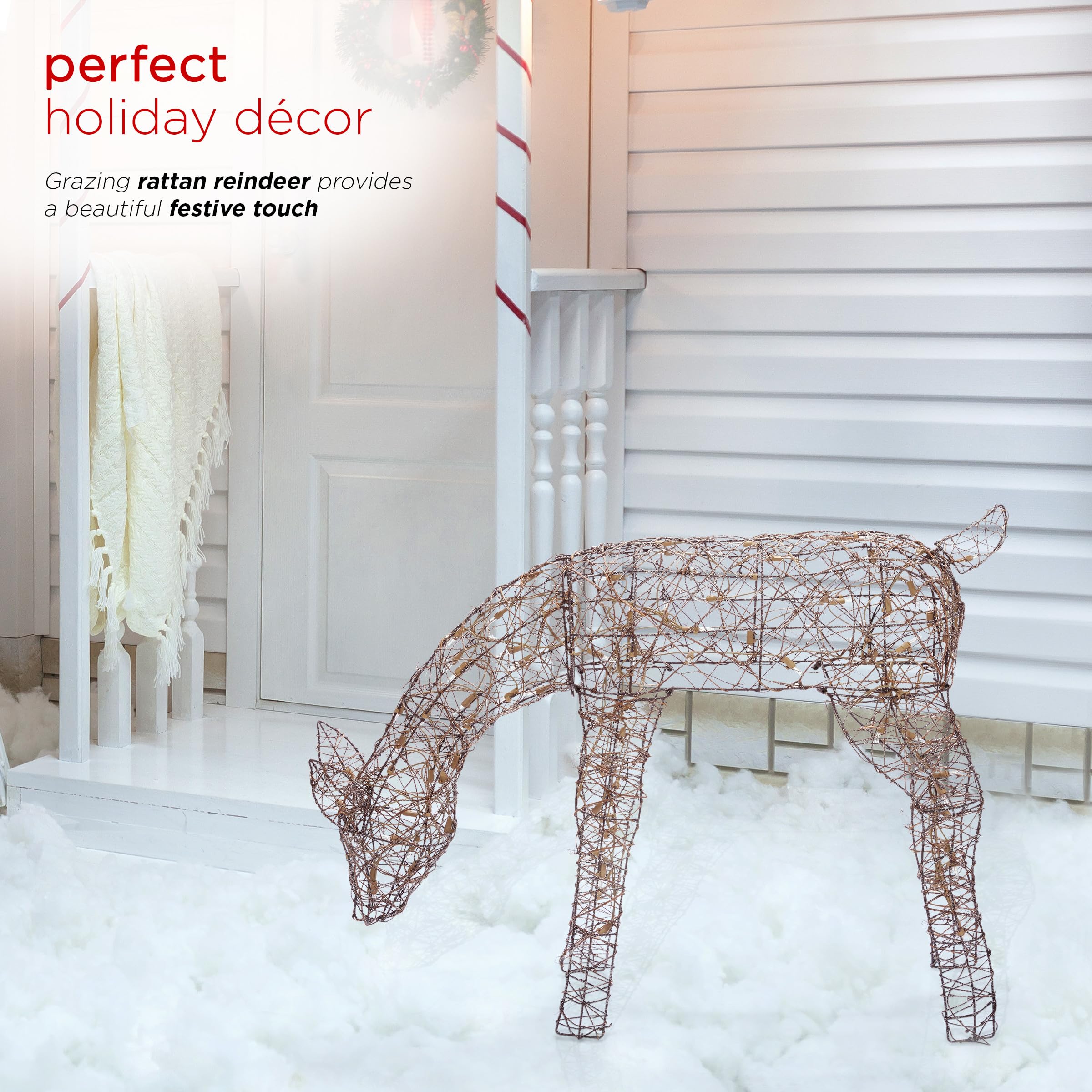 Alpine Corporation Grazing Rattan Reindeer Christmas Decoration with Warm White LED Lights - Outdoor Holiday Yard Decor for Xmas, Winter, and Party