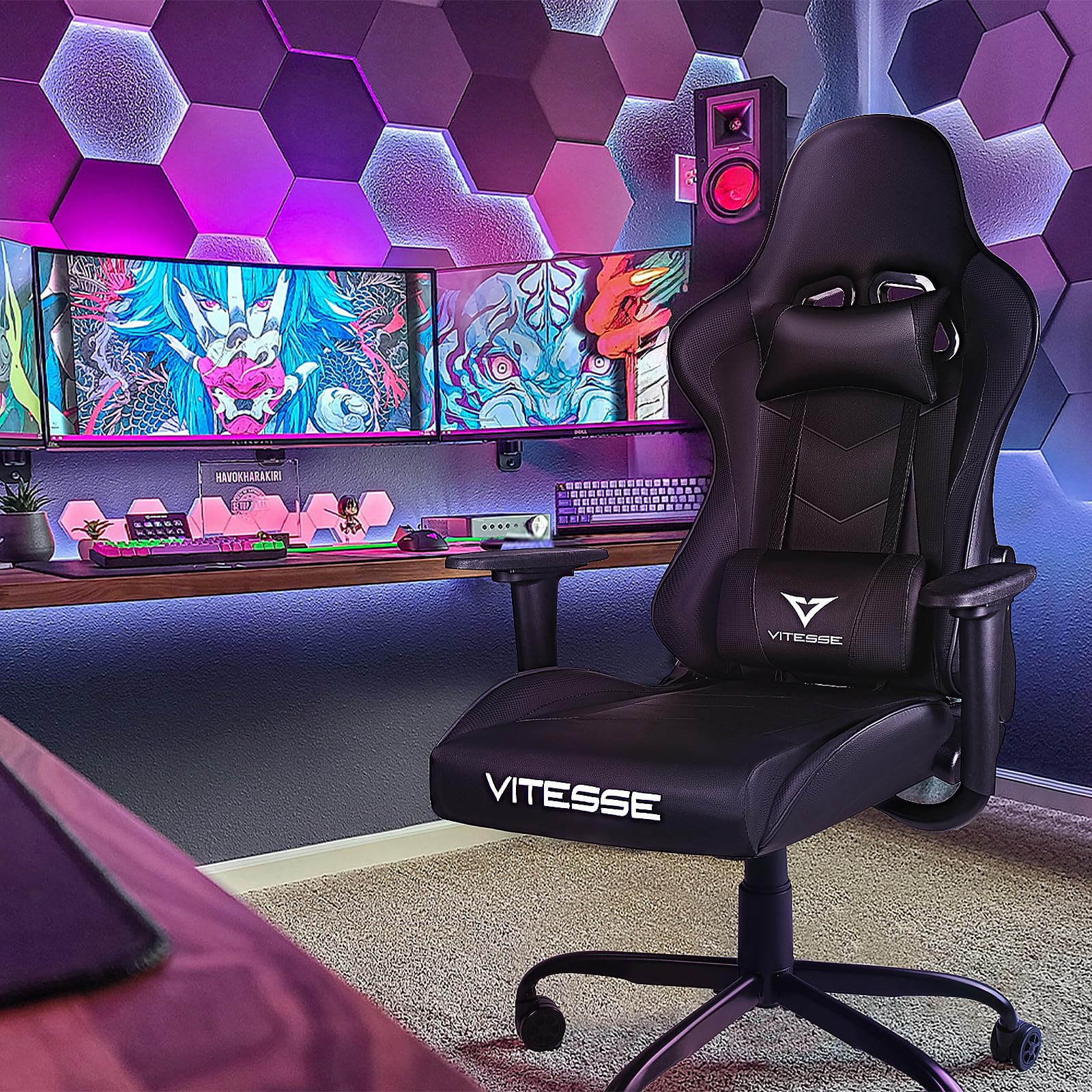VITESSE Ergonomic Gaming Chair for Adults - 330 lbs Weight Capacity, Adjustable Height, Swivel PC Computer Office Chair with Lumbar Support & Headrest - Perfect for Gaming, Streaming, and Long Work Sessions