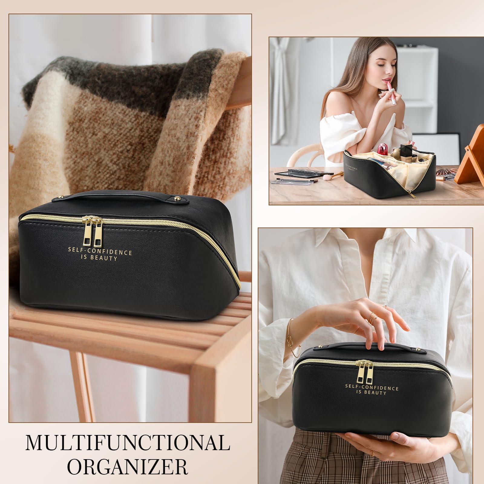DOFOWORK Makeup Bag for Women - Waterproof Travel Cosmetic Organizer with Divider, Handle & PU Leather - Washable Flat Open Design - Perfect for Travel, Gym & Daily Makeup Storage