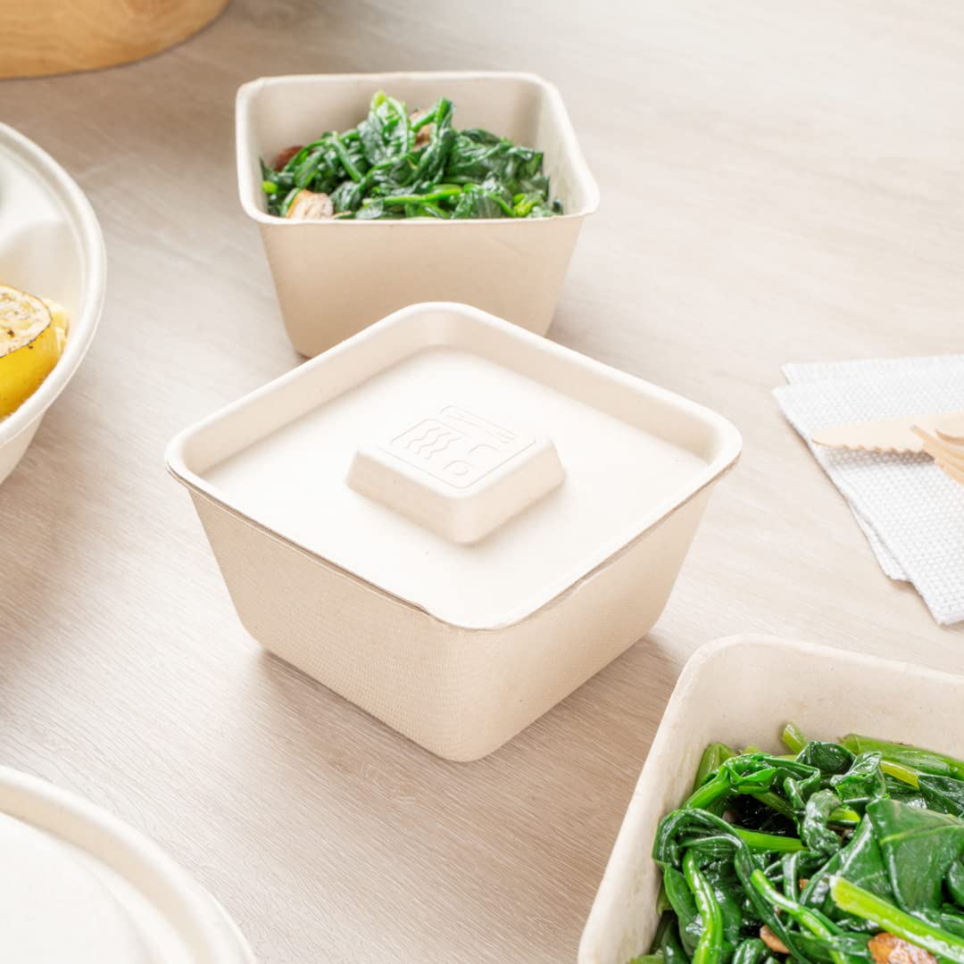 Eco-Friendly 9-OZ Bagasse Bowl Lids - 100 Count Square Disposable Pulp Tek Lids for Sugarcane Fiber Bowls | Biodegradable & Compostable | Perfect for Restaurants, Catering & Takeout Meals