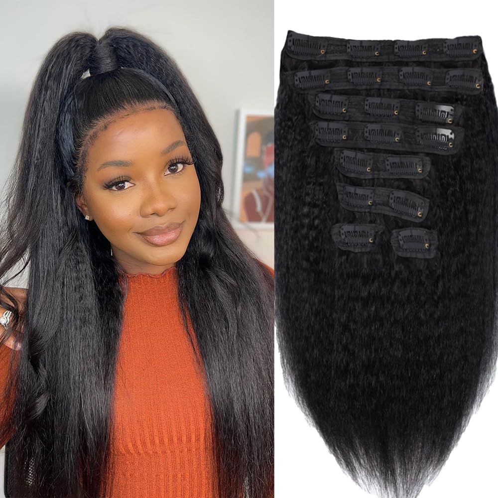 Kinky Straight Clip-in Hair Extensions 8A Brazilian Human Hair - 8pcs 20 Clips 100g Set (14 Inch) for Black Women | Natural Color Real Human Hair Weave | Perfect for Daily Styling, Parties & Special Occasions