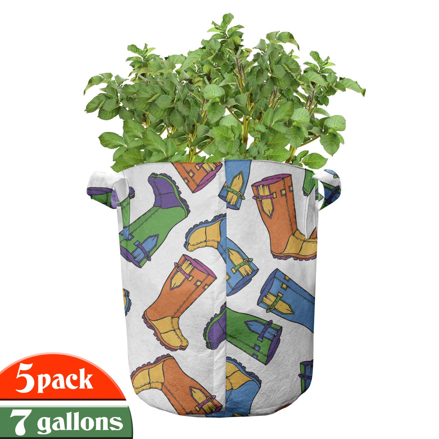 Ambesonne 5-Pack Heavy Duty Fabric Grow Bags with Handles - Cartoon Rain Boots Autumnal Art Design - Durable Plant Pots for Indoor/Outdoor Gardening, Flowers, Vegetables - Sky Blue & Marigold Color