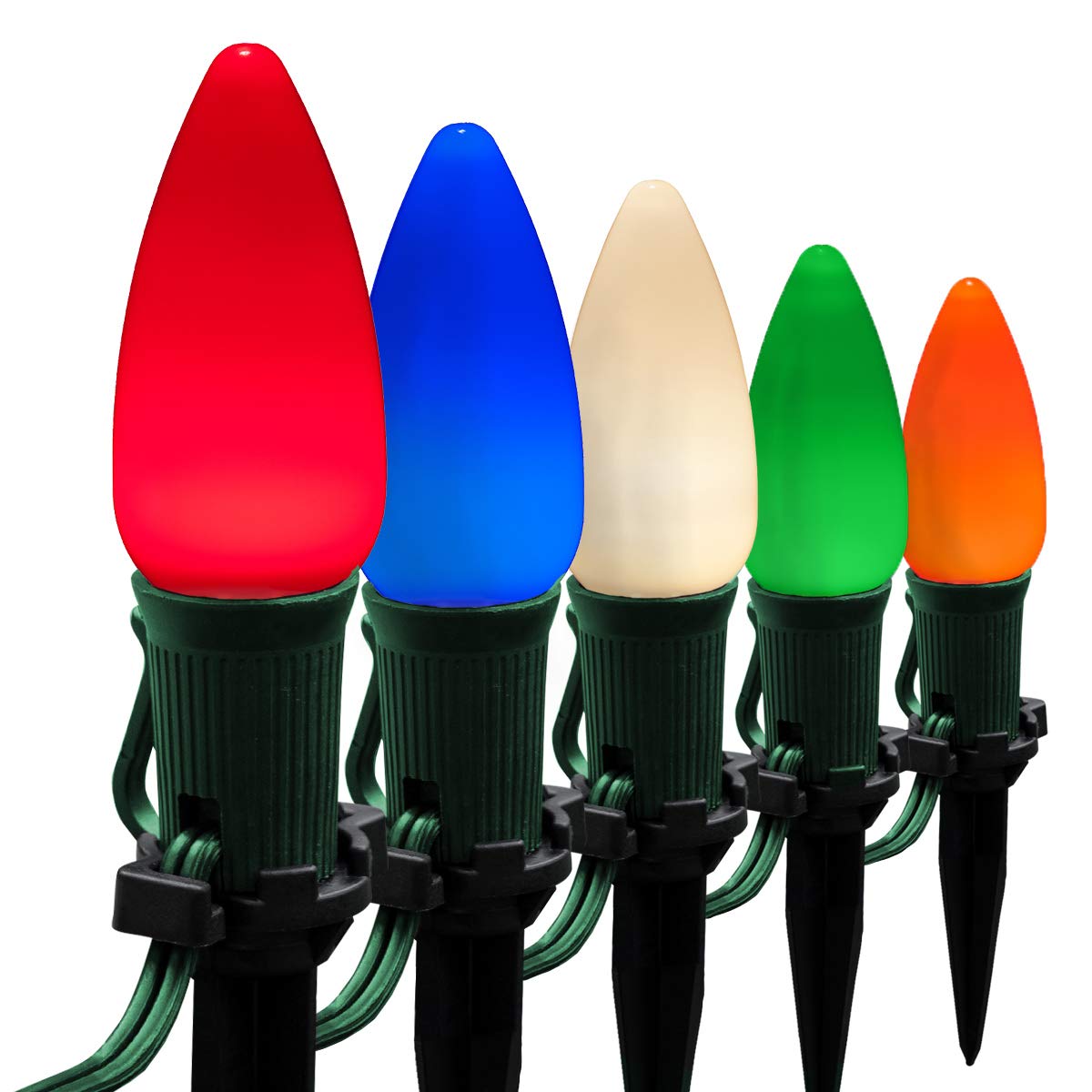 100’ OptiCore LED Multicolor Christmas Pathway Lights - C9 Outdoor Driveway Lights with 4.5” Stakes & Green Wire - Smooth/Opaque String Lights for Holiday Decor, Garden, Walkway, and Patio Lighting