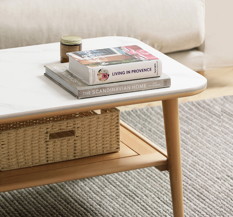 Solid Oak Wood Slate Coffee Table - Rustic Modern Living Room Furniture for Home Decor & Relaxation