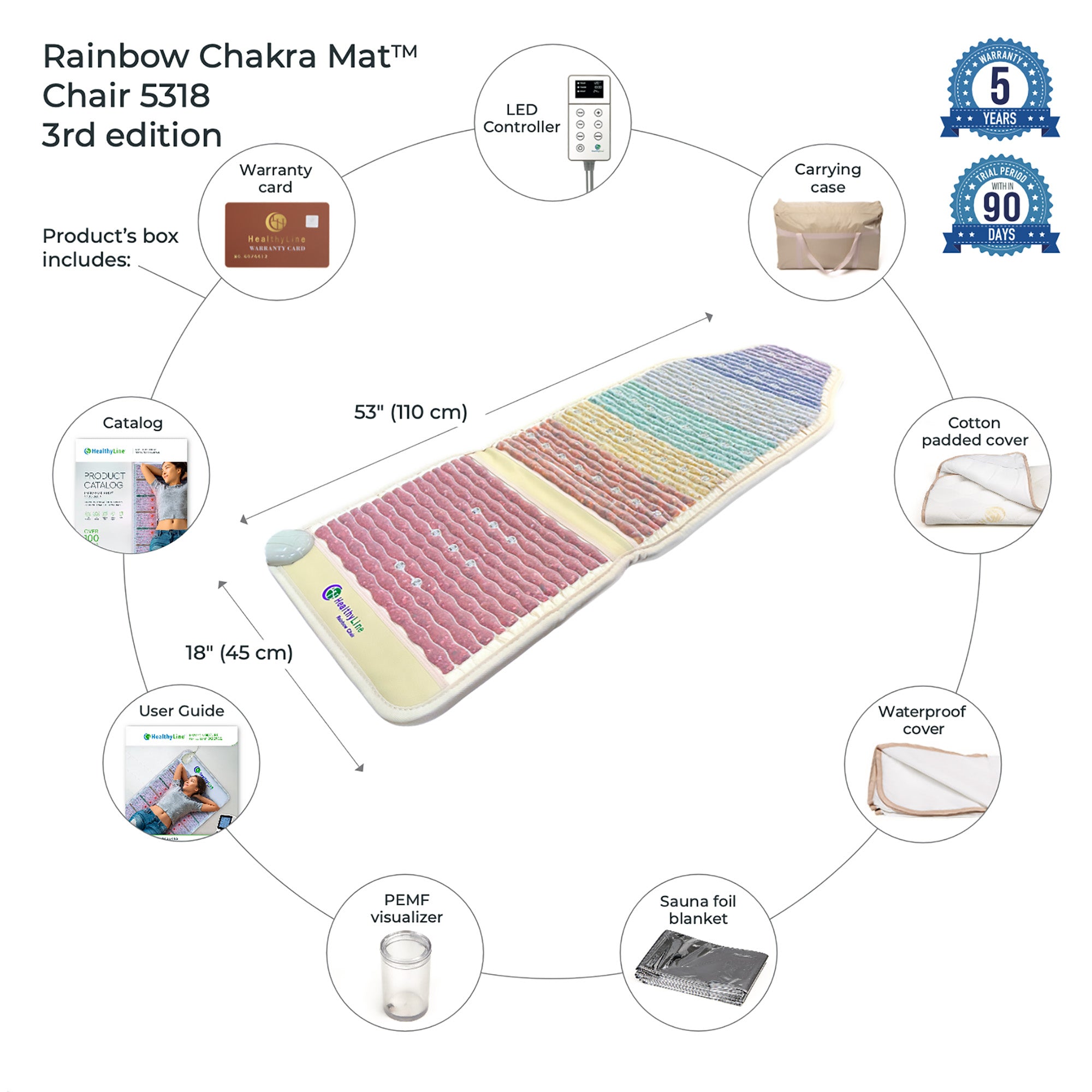 HealthyLine Rainbow Chakra Mat Chair 5318 - Photon PEMF Therapy Mat with Far Infrared Technology for Pain Relief & Relaxation - Perfect for Home, Office & Meditation Use