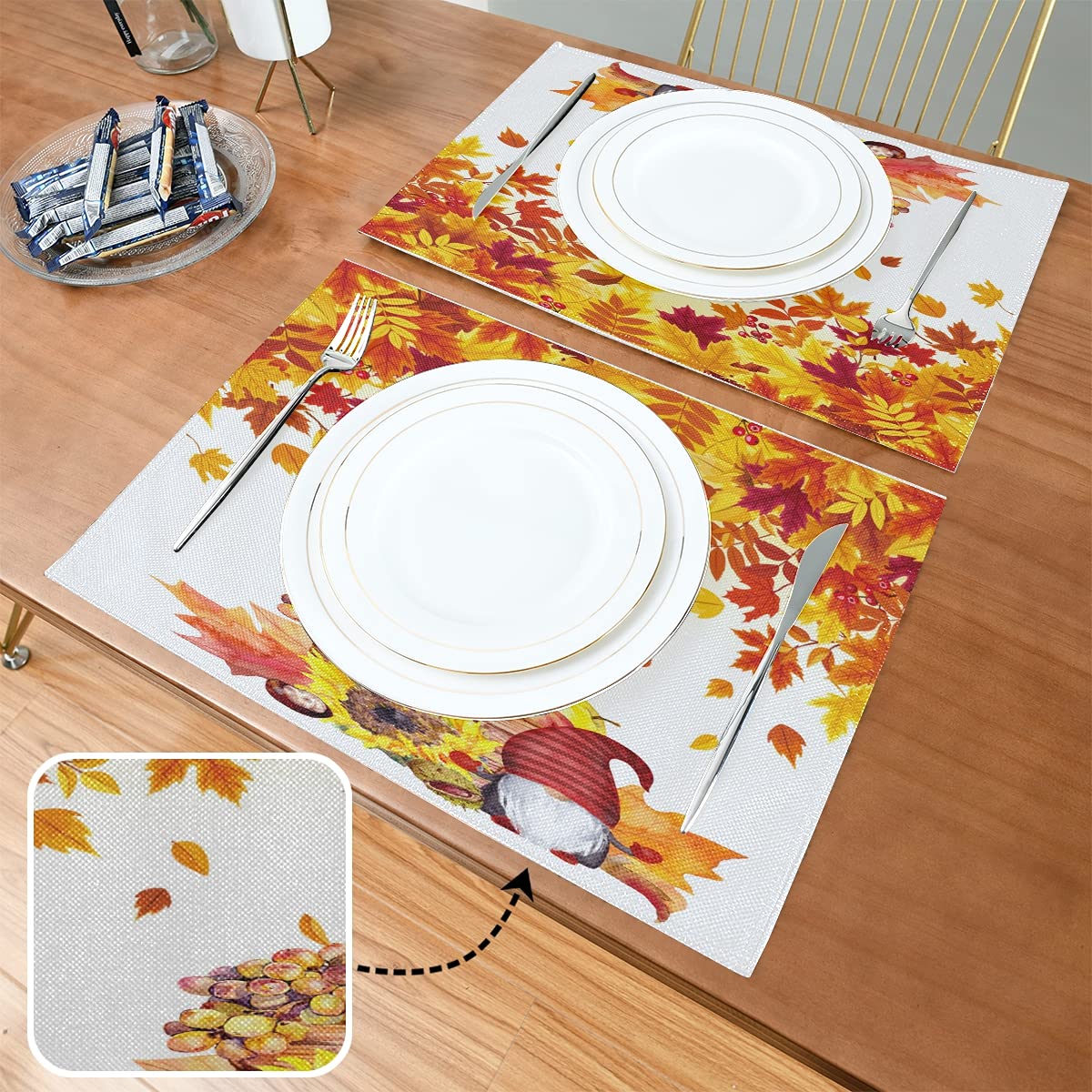 Thanksgiving Gnomes Placemats Set of 4 - Fall Maple Leaf & Pumpkin Washable Table Mats for Dining Decor (12x18 Inches) - Perfect for Thanksgiving Dinner, Autumn Home Decor & Holiday Table Setting