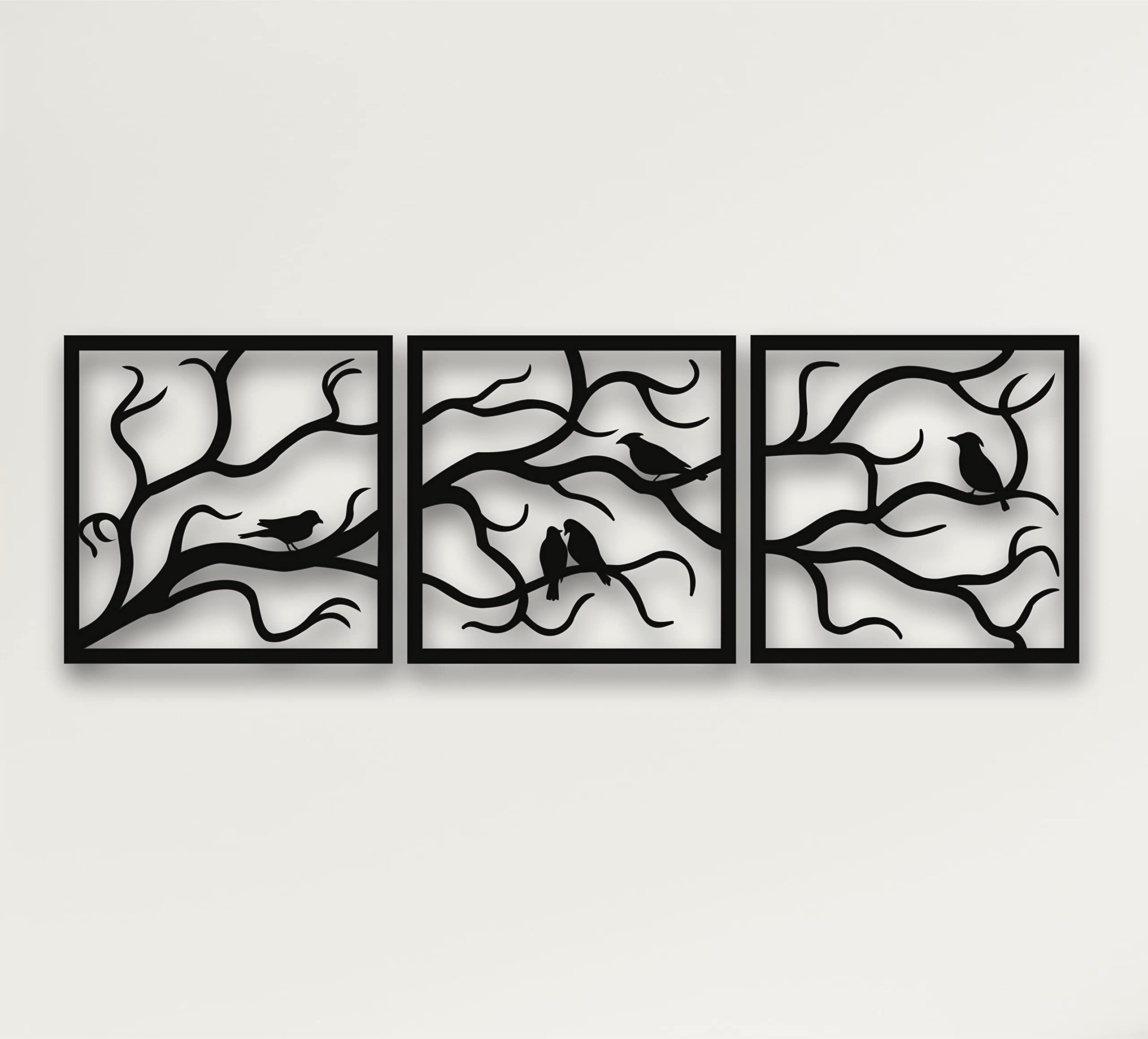 HRZZEOKV 3-Piece Metal Wall Art - Birds on Branch Tree Sign, Indoor & Outdoor Metal Wall Decor, 3 Panels Wall Hanging (91