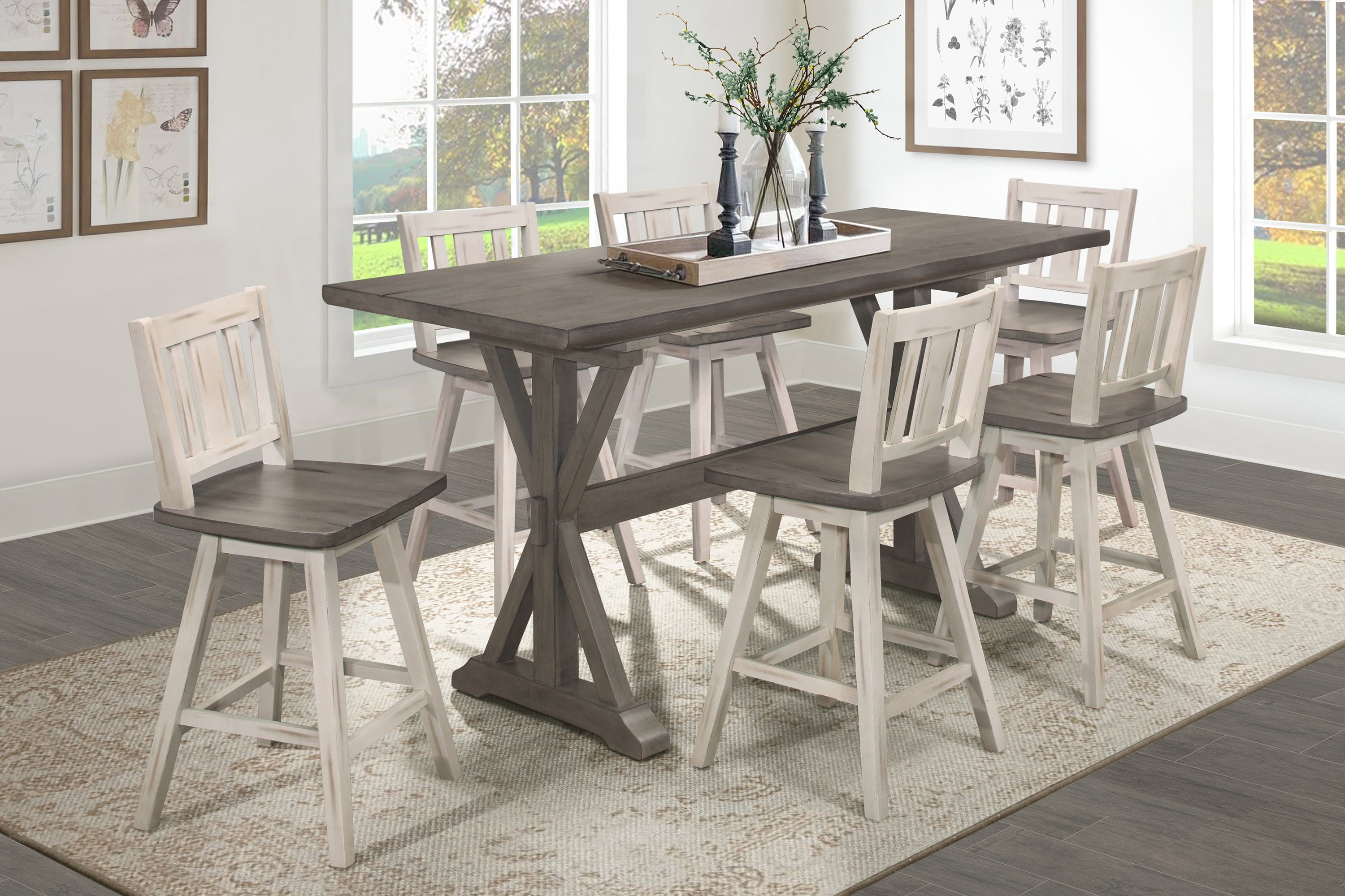 Set of 2 White Gray 360-Degree Swivel Counter Height Chairs - Solid Rubberwood Kitchen Dining Furniture with Vertical Slat Back - Perfect for Breakfast Bars, Kitchen Islands & Small Space Dining