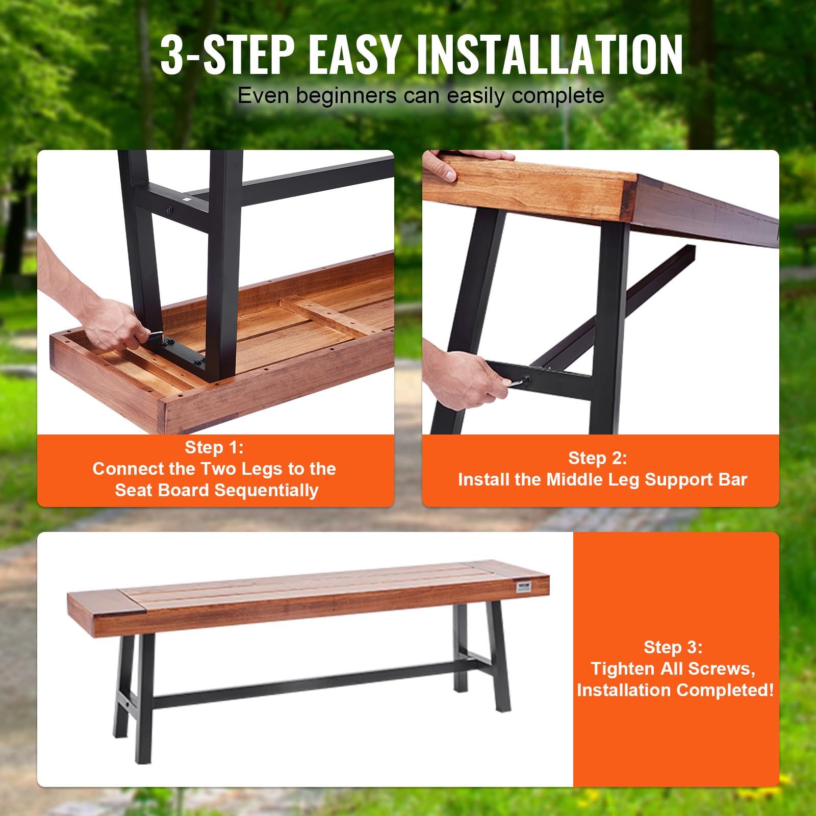 VEVOR 3-Person Outdoor Wood Bench - 500 lbs Weight Capacity, Weatherproof & Rot-Resistant Patio Bench for Garden, Park, Yard, Front Porch - Perfect for Outdoor Relaxation, Picnics, and Backyard Decor (63