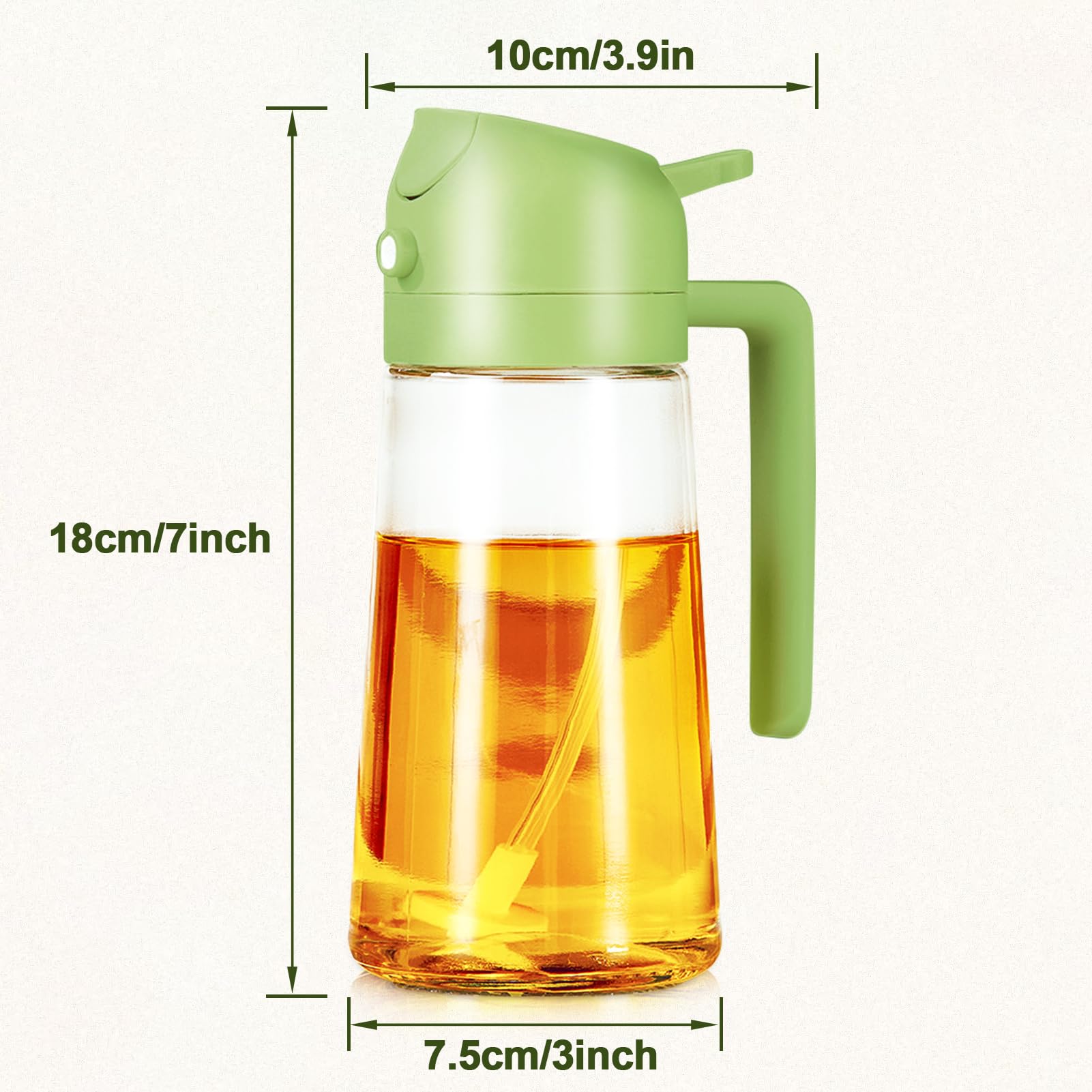 2 in 1 Oil Spray and Container - 470ml/16oz Glass Olive Oil Spray Bottle for Air Fryer, Baking, Grilling - Perfect for Kitchen, Salad Dressing & Healthy Cooking (Green)