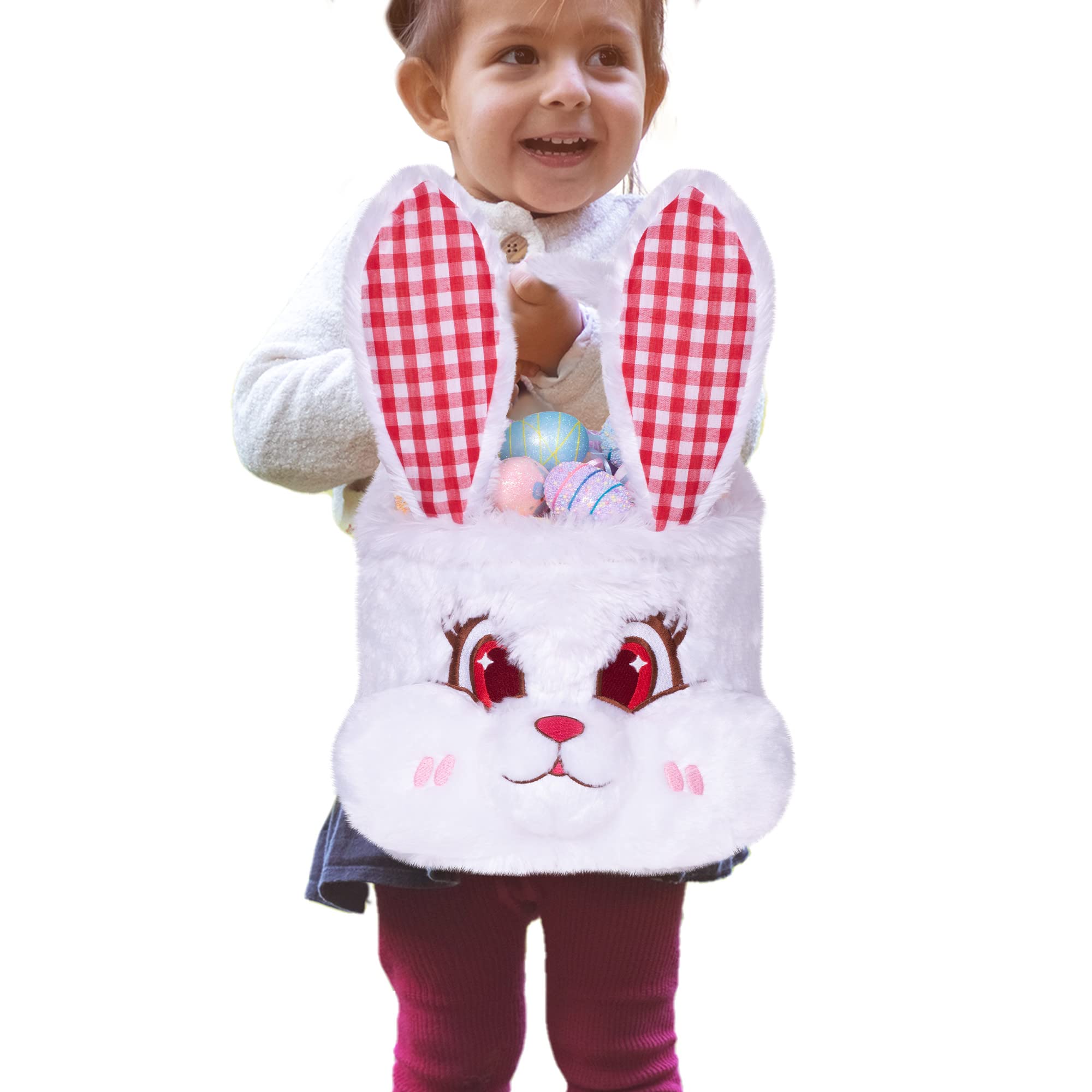 3D Cute Bunny Easter Basket for Kids - Foldable Ears & Handle, Empty Plush Bucket for Egg Hunt, Candy Storage & Easter Decor (White) - Perfect Gift for Boys, Girls & Teens - Ideal for Easter Parties, Egg Hunts & Spring Celebrations