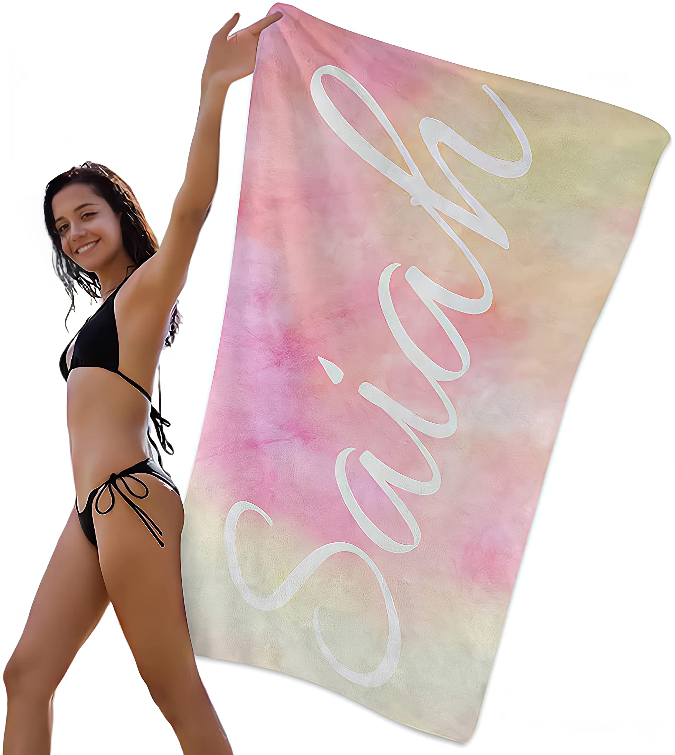 Custom Personalized Beach Towels for Adults, Women, Girls & Kids – Oversized Large Quick Dry Monogrammed Towel with Name, Rainbow Colorful Print – Perfect for Pool, Swimming, Beach, Bath & Camping