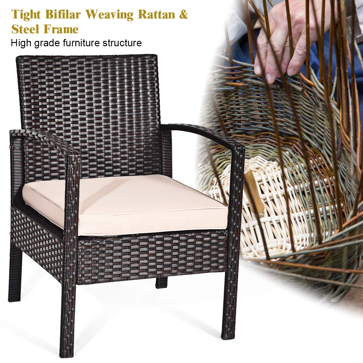 RELAX4LIFE 4-Piece Outdoor Patio Furniture Set - Wicker Rattan Conversation Set with Removable Cushions, 2 Chairs, Loveseat & Glass Coffee Table - Perfect for Garden, Balcony, Poolside & Backyard Relaxation
