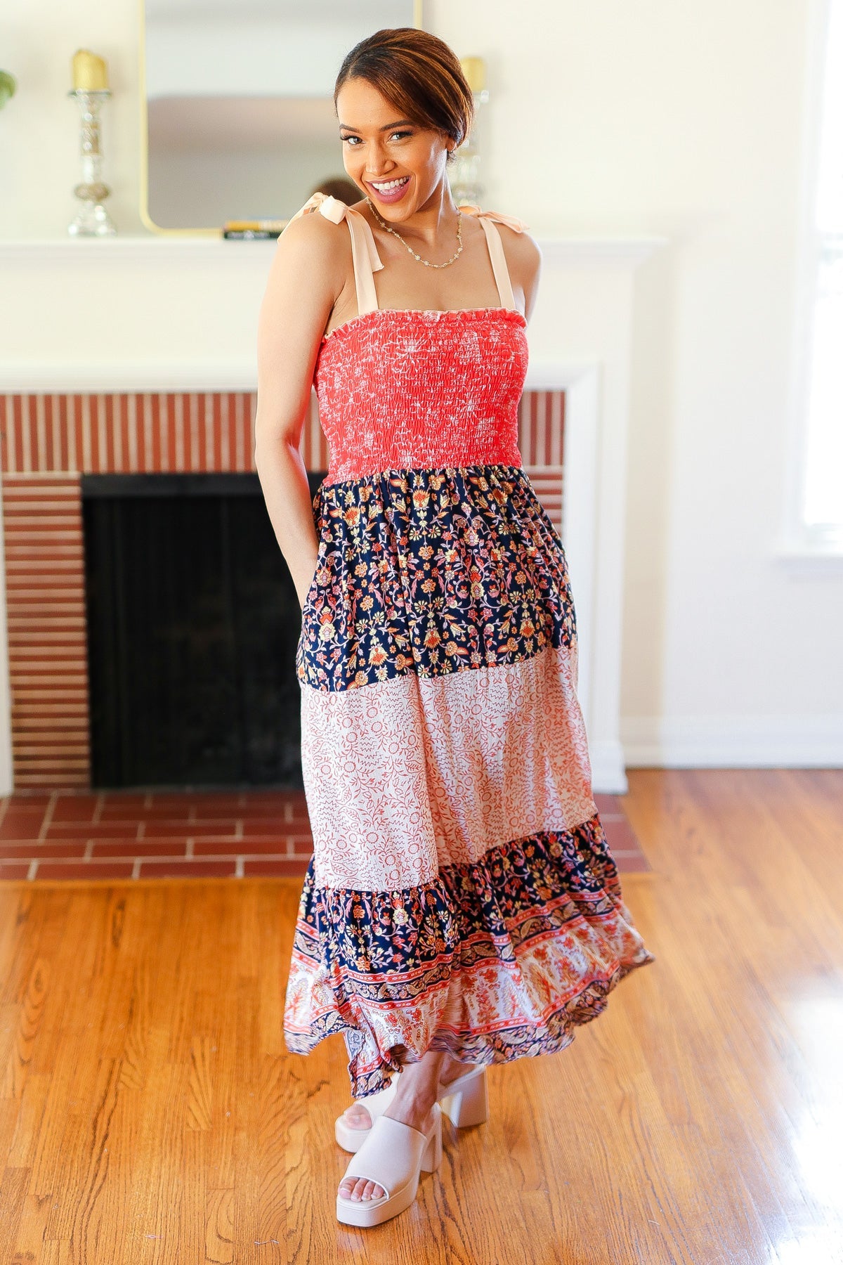 Orange Floral Smocked Tube Top Tiered Maxi Dress - Boho Summer Beach Dress for Vacation, Pool Party & Music Festival