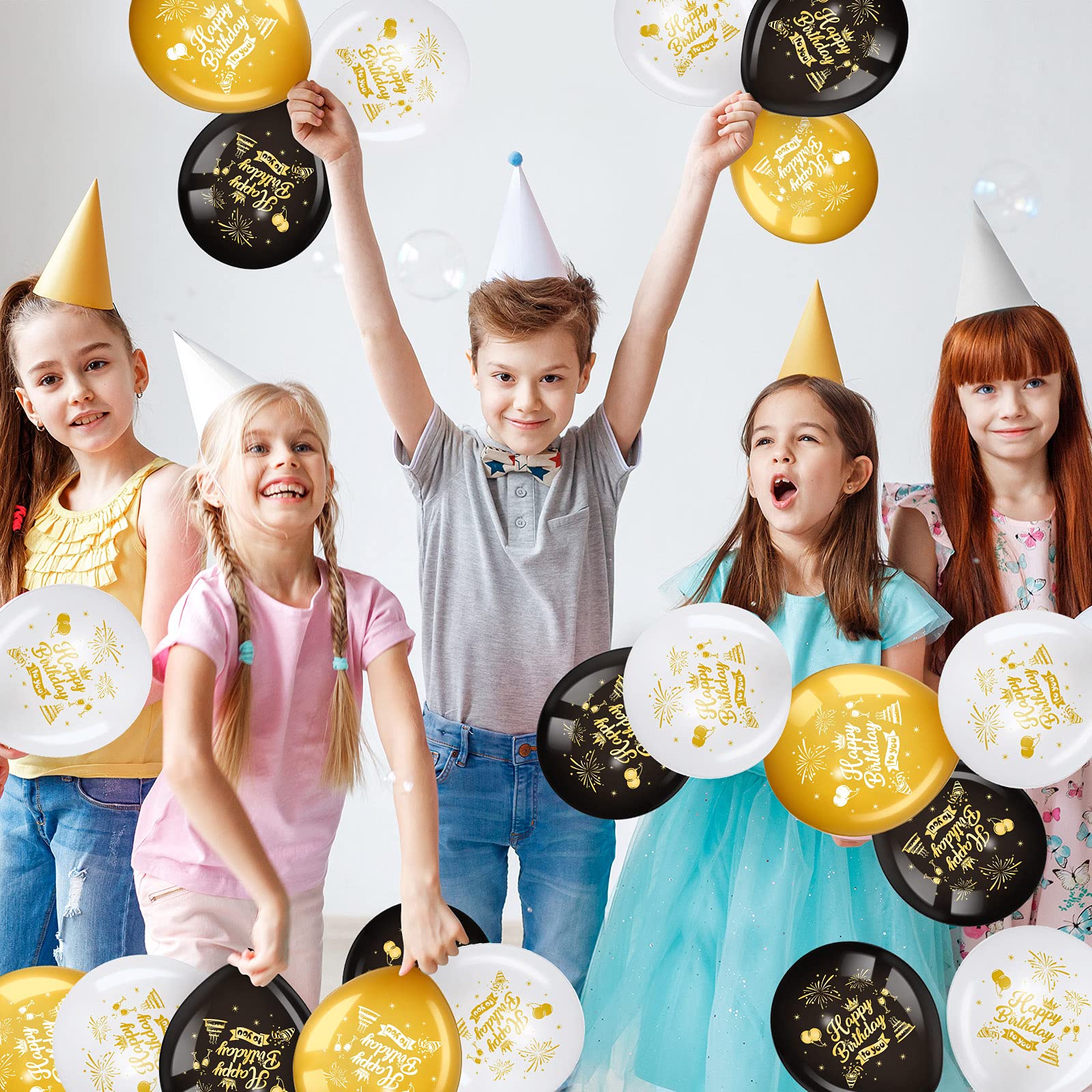 45-Piece 12-Inch Happy Birthday Balloons Set - Black, Gold & White Latex Balloons for Birthday, Anniversary Parties - Indoor/Outdoor Decorations for Girls, Boys, Women & Men - Perfect for Home, Office & Event Celebrations