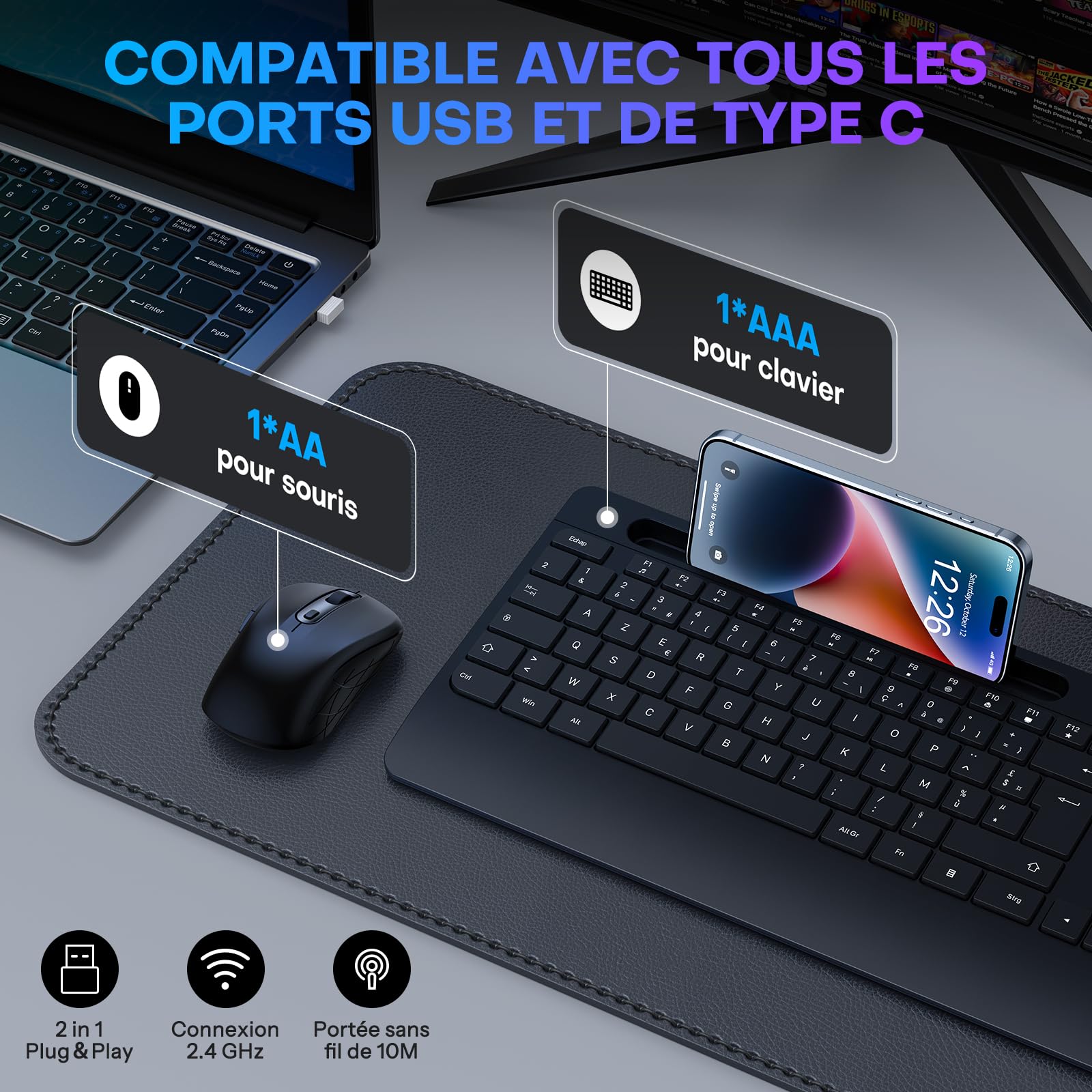 OMOTON Wireless Keyboard & Mouse Set, 2.4G AZERTY, Silent Ergonomic for PC - Home & Office Use