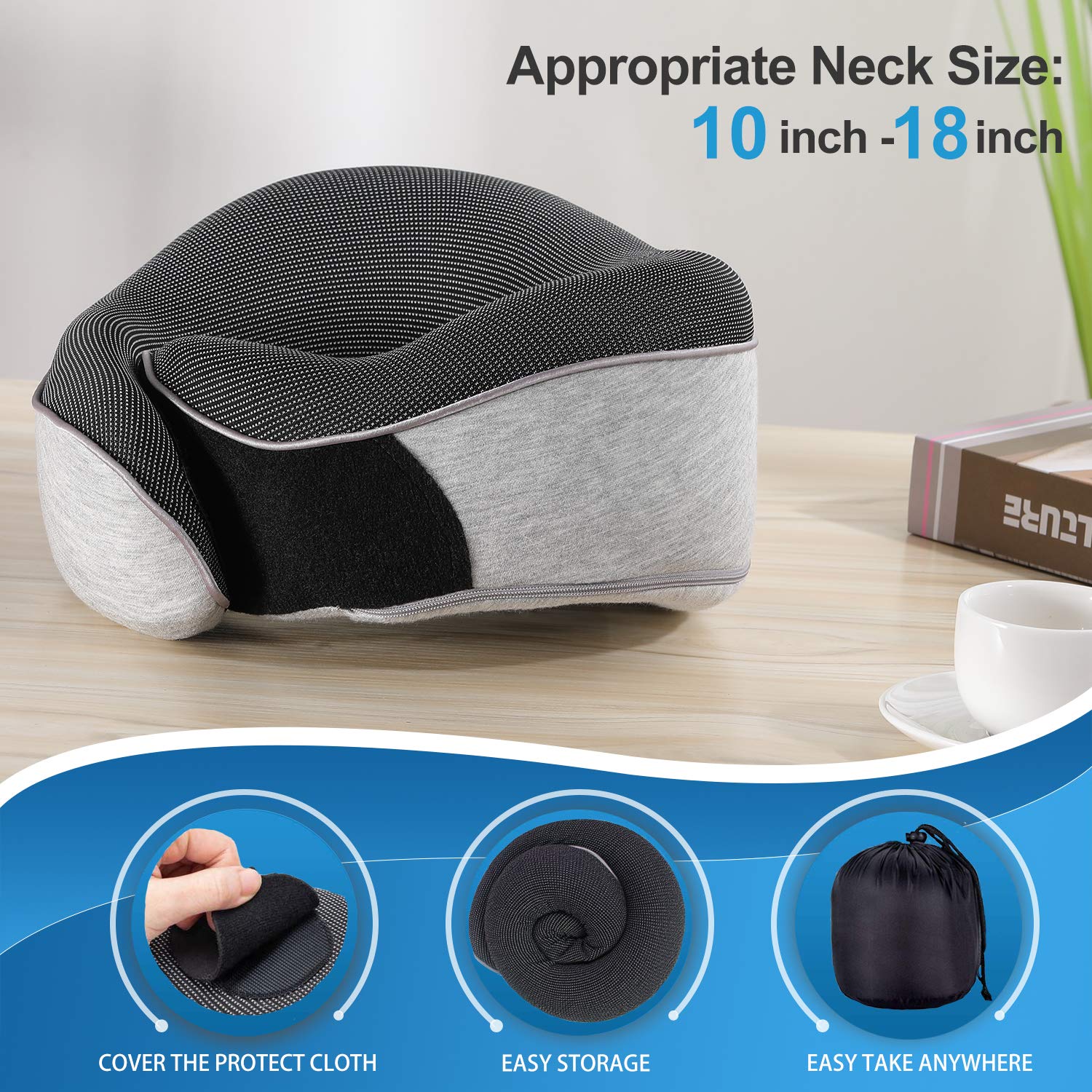 **Ergonomic Memory Foam Travel Neck Pillow - Adjustable Chin Support for Airplanes, Cars & Home Use - Soft Full Neck Surround Design for Comfortable Sleep (Grey)**    *Perfect for long flights, road trips, office naps, and relaxing at home.*