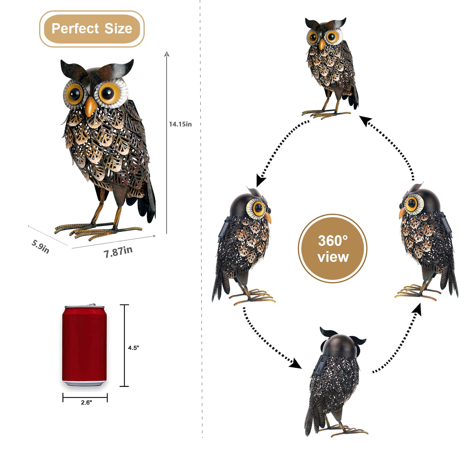Solar LED Owl Garden Statue - Metal Outdoor Decor with Solar Lights for Patio, Lawn, Yard - Unique Gift for Home & Garden Decoration - Perfect for Nighttime Ambiance & Bird Lovers