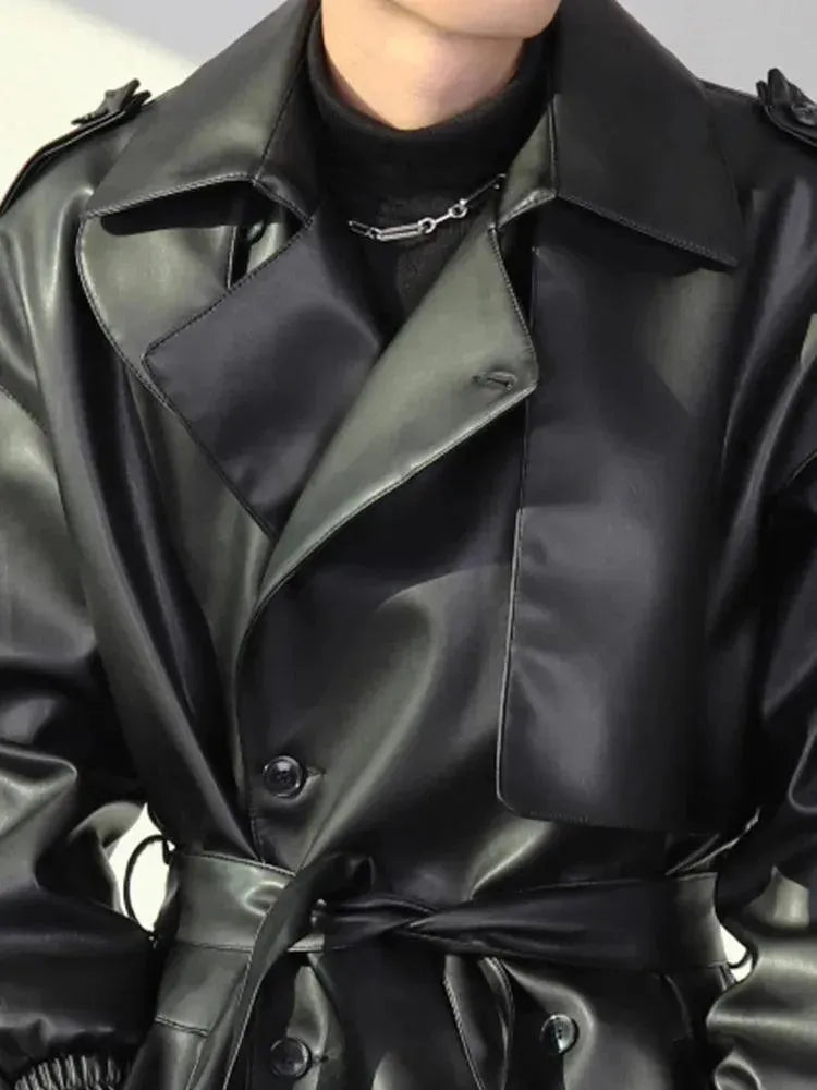 Men's Casual Belted Leather Overcoat - Stylish Winter Trench Coat for Business & Outdoor Wear