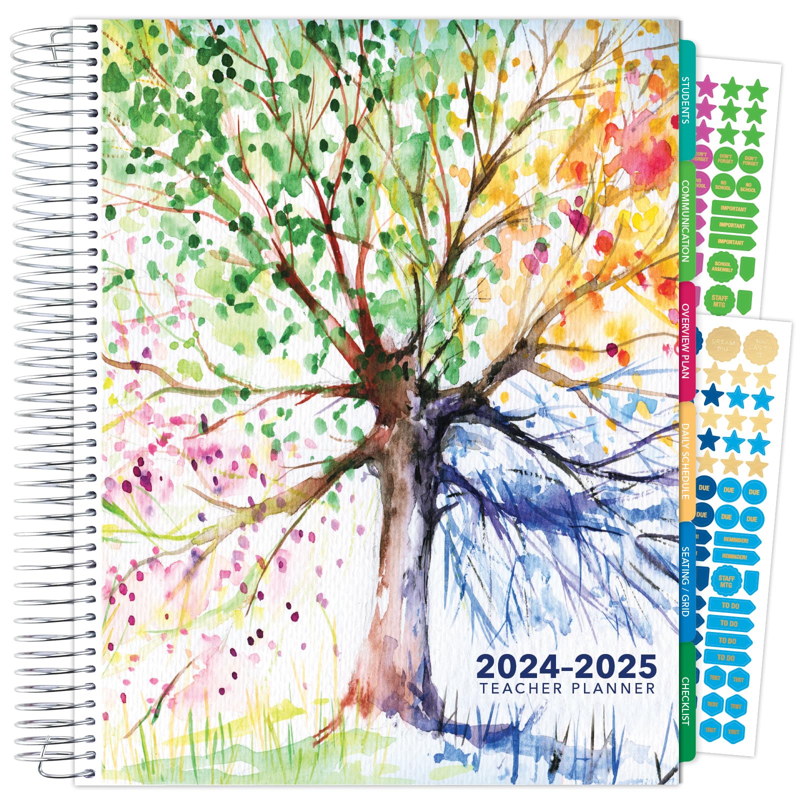 2024-2025 Deluxe Teacher Planner - 8.5x11 Academic Year Organizer with Daily/Weekly/Monthly Layout, 7 Period Sections, Pocket Folder, Dated Calendar, Page Tabs & Stickers (Tree Seasons Design) - Perfect for Classroom Organization, Lesson Planning & Teacher Productivity