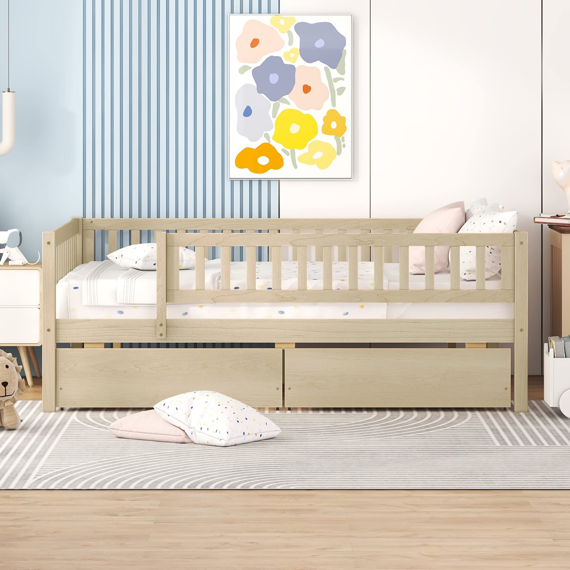 DEINPPA Full Size Wooden Bed Frame with Storage Drawers - Sturdy Slat Support for Kids, Children, Toddlers, Boys & Girls - Natural Finish - Perfect for Bedrooms, Playrooms & Small Spaces