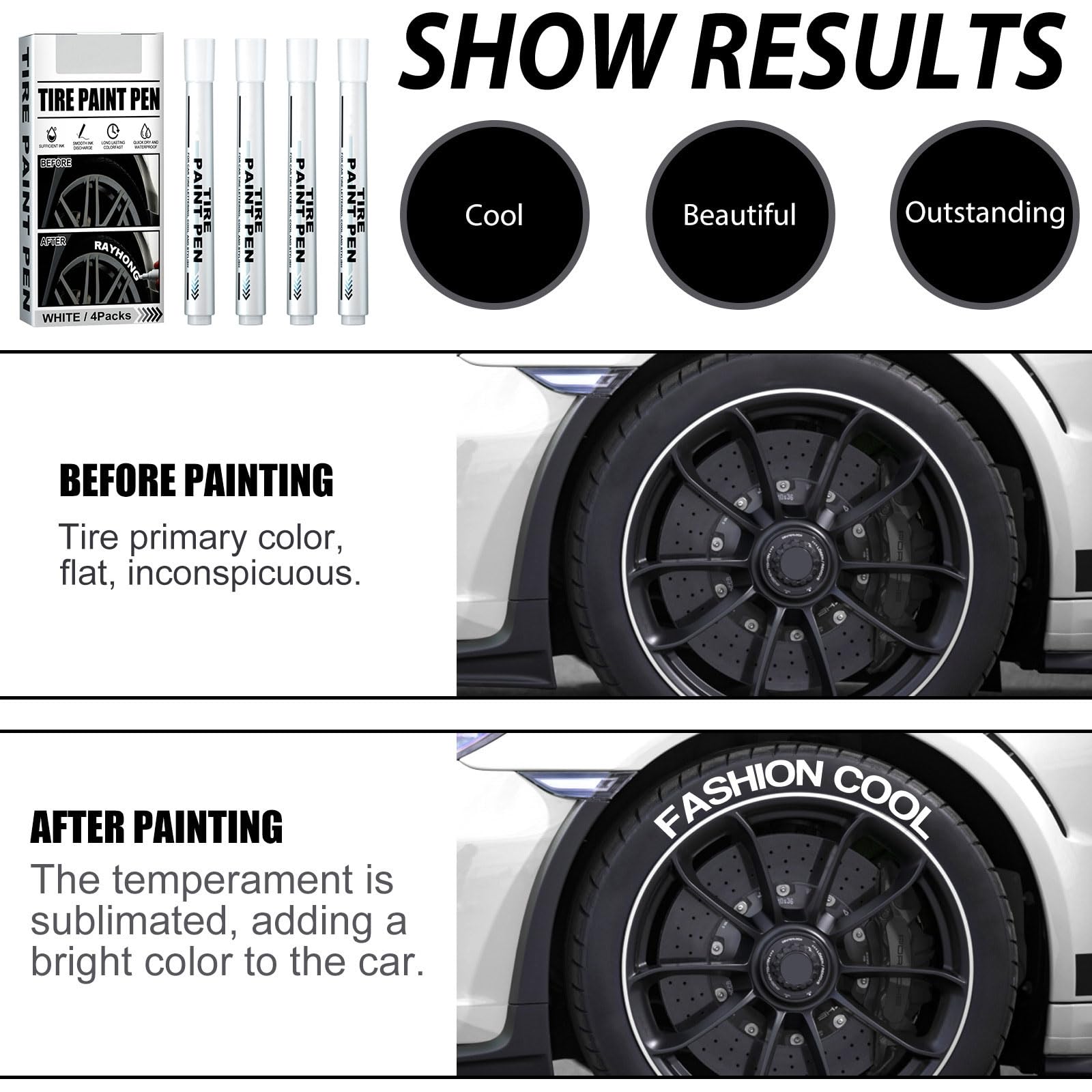4Pcs White Waterproof Tire Paint Pens for Car Wheels - Durable Tire Lettering Marker for DIY Customization, Auto Detailing & Touch-Ups