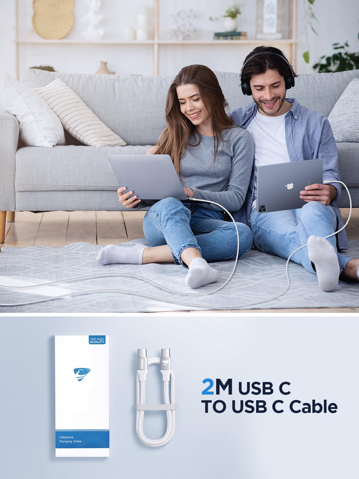 USB C to USB C Charger Cable 6.6ft (2M) PD Fast Charging Cable - 100W Power Delivery for iPhone 16/15, MacBook, iPad Pro, Samsung S24/S23 - Durable Type C Cable for Home, Office & Travel Charging