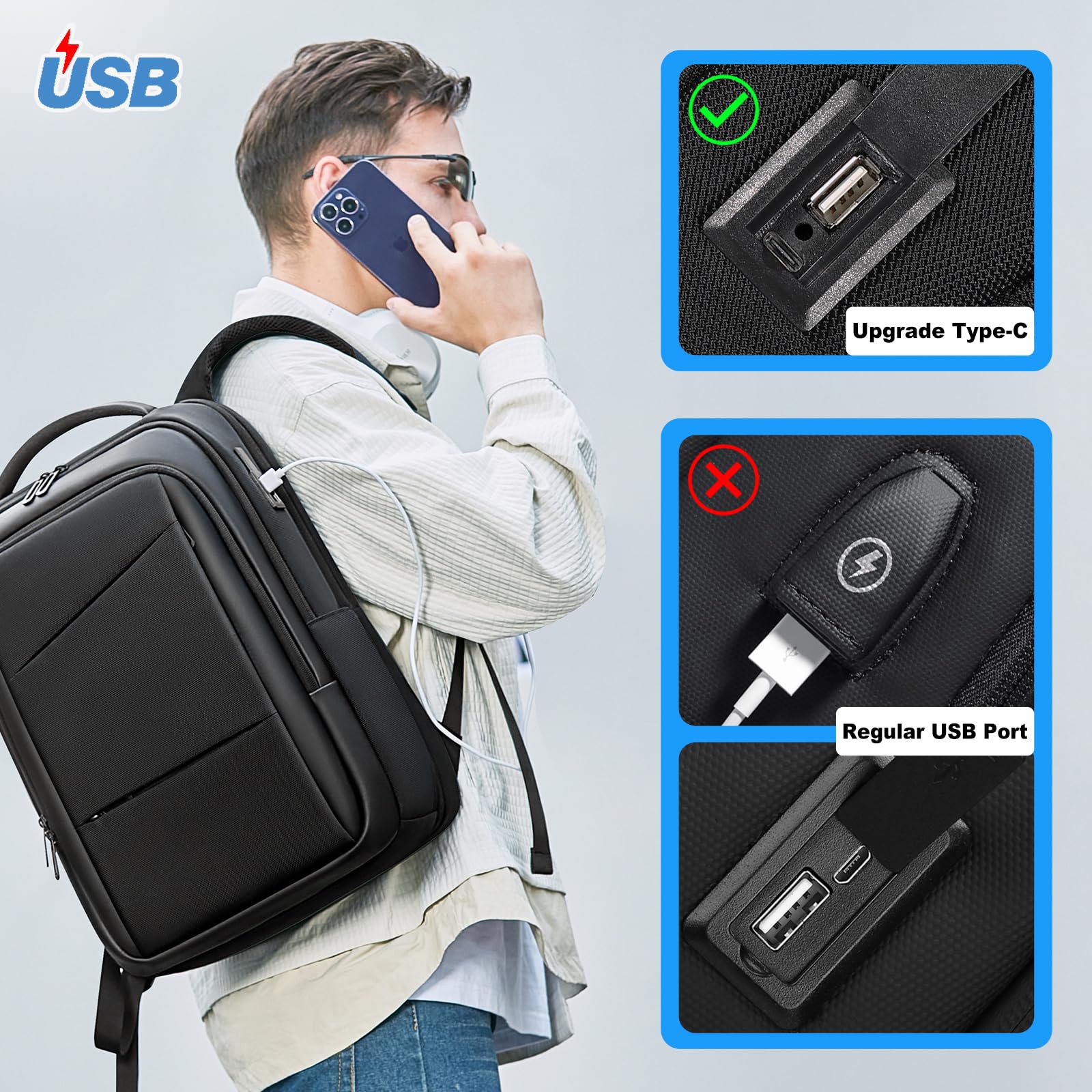 FENRUIEN 15.6 Inch Expandable Travel Laptop Backpack with USB Charging Port - Water Resistant Business Backpack for Men & Women - Perfect for Work, Commuting, and Airplane Travel