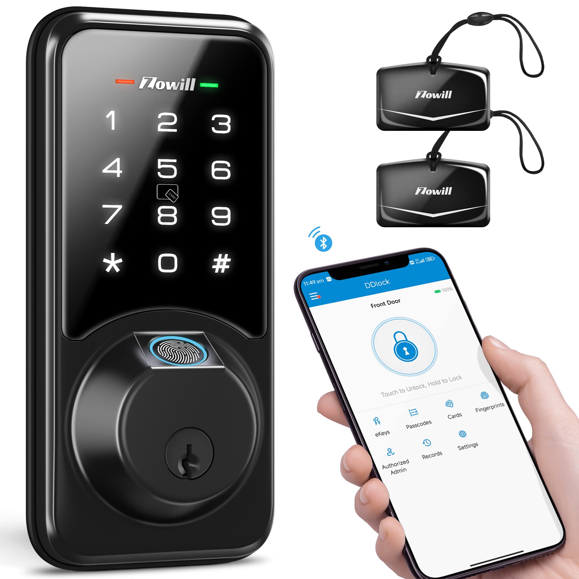 Zowill Smart Deadbolt Lock - 7-in-1 Fingerprint Door Lock with Keyless Entry, Touchscreen Keypad & App Control | Secure Front Door Entry with Auto Lock & Ekey Sharing | Perfect for Homes, Apartments & Vacation Rentals