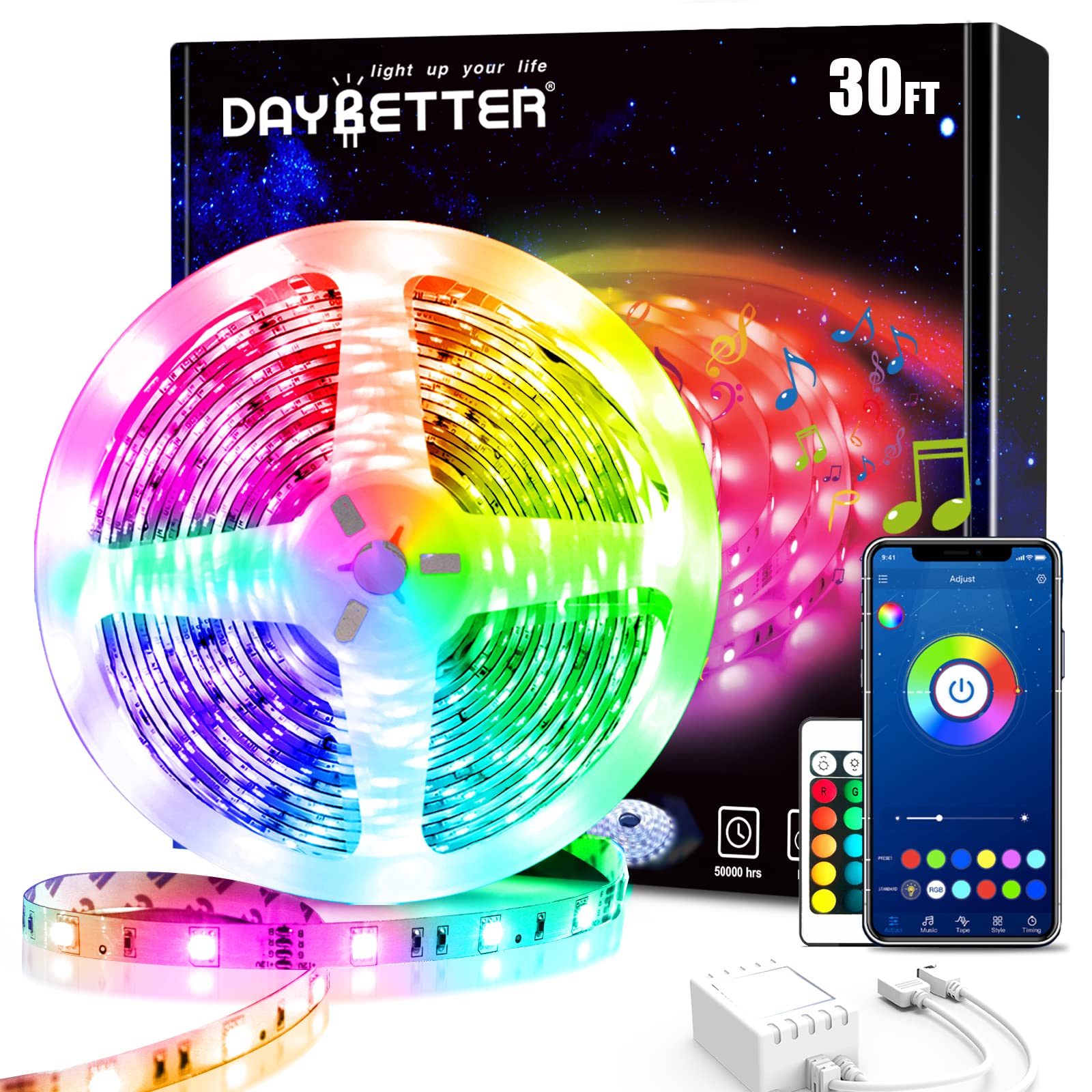 DAYBETTER 30ft Smart LED Strip Lights - 5050 RGB Color Changing Lights with Remote & App Control, Music Sync, Timer Function for Bedroom, Gaming Room, Party Decor