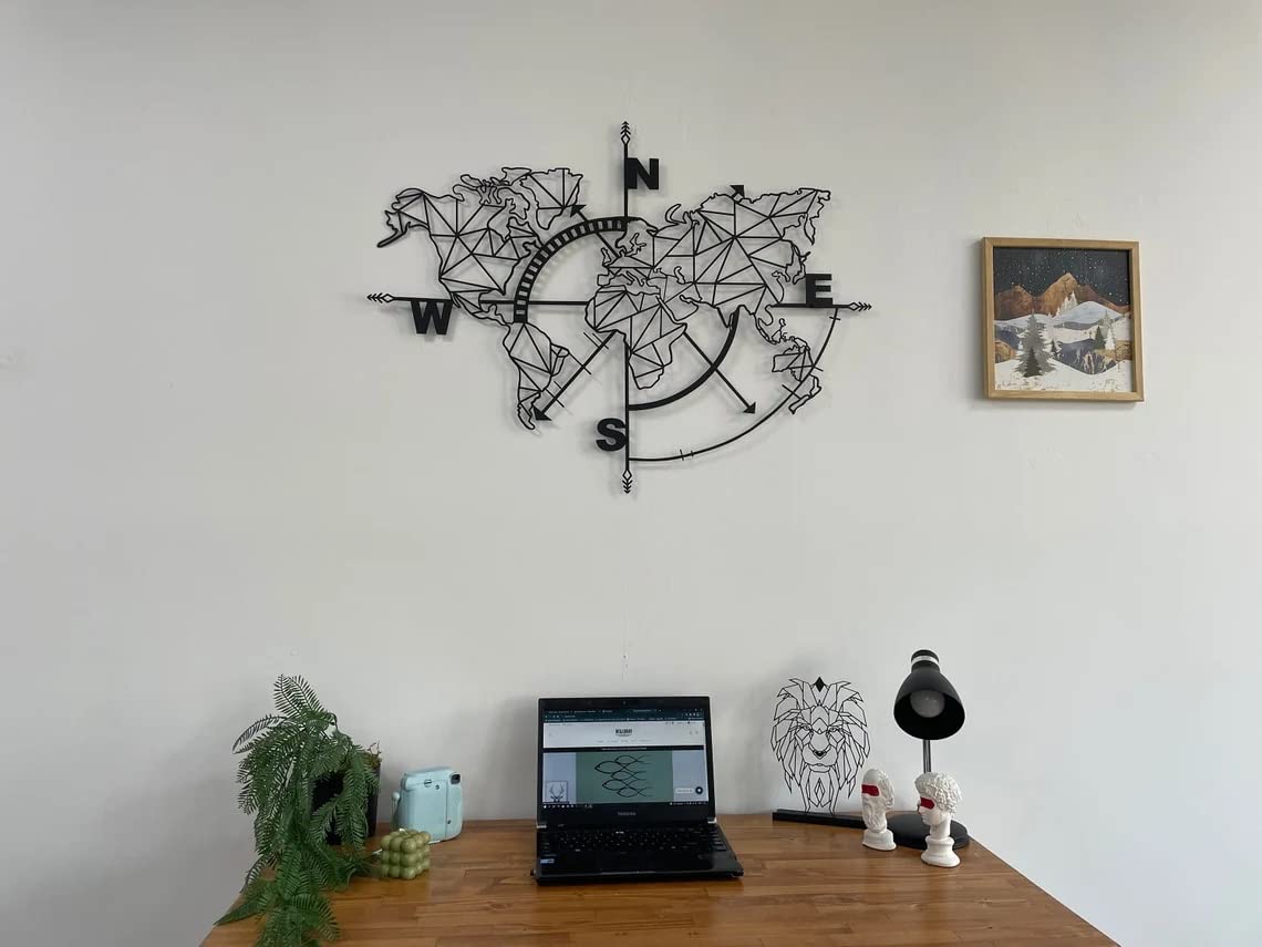 DEKADRON Modern Metal World Map Wall Art with Geometric Compass - Black 55