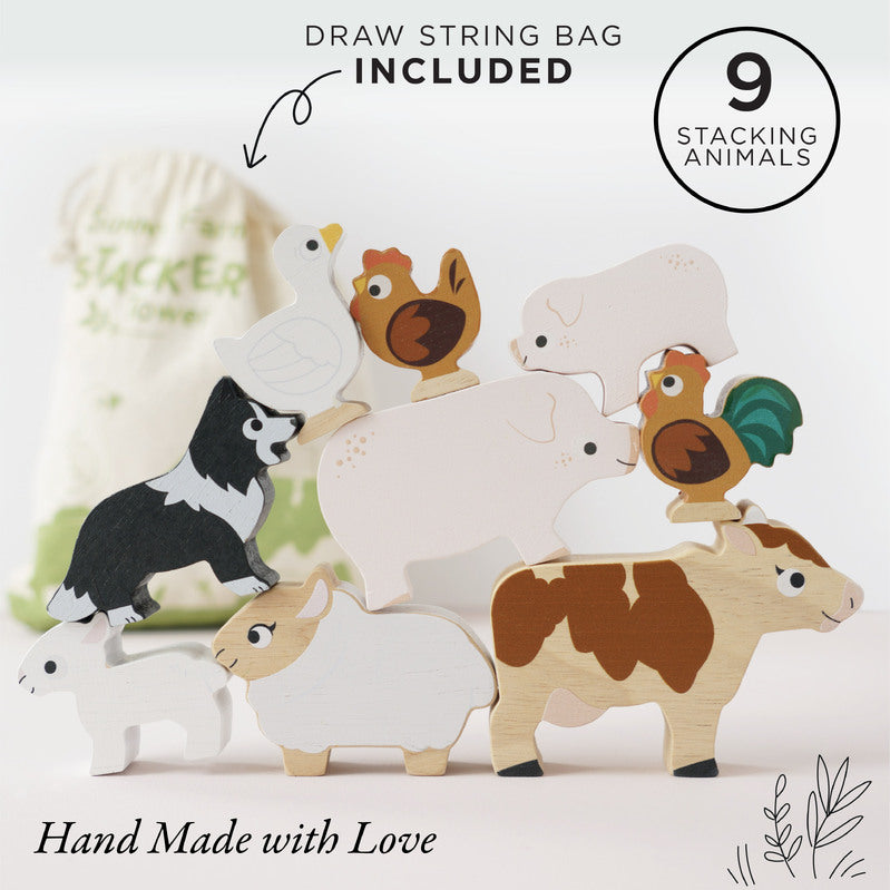 Petilou Wooden Farm Animal Stacking Toys with Storage Bag - Montessori Learning Toys for Toddlers, Perfect for Farm-Themed Playrooms & Early Childhood Education