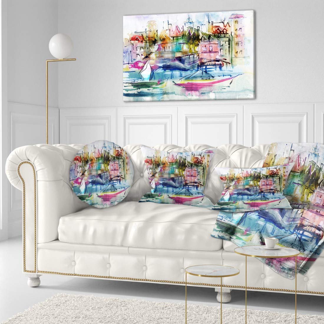 Designart Pink Houses and Boats Landscape Canvas Print Wall Art - 40x20 Inches - Modern Home Decor for Living Room, Bedroom & Office