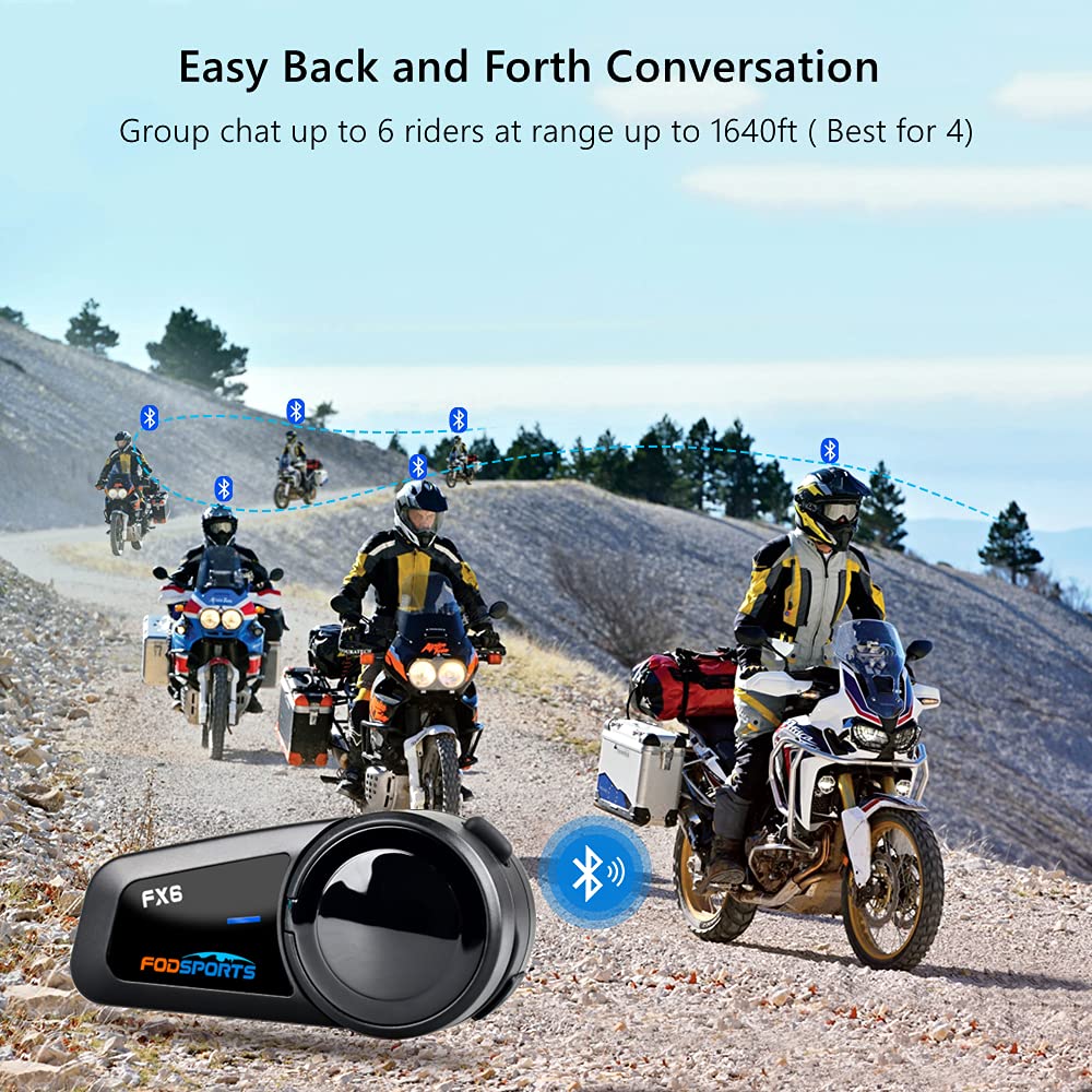 Fordpsorts FX6 Motorcycle Bluetooth Headset Intercom - 6 Riders Group Communication System (1 Pack & 2 Pack Options) | Perfect for Group Rides, Touring & Adventure Motorcycling